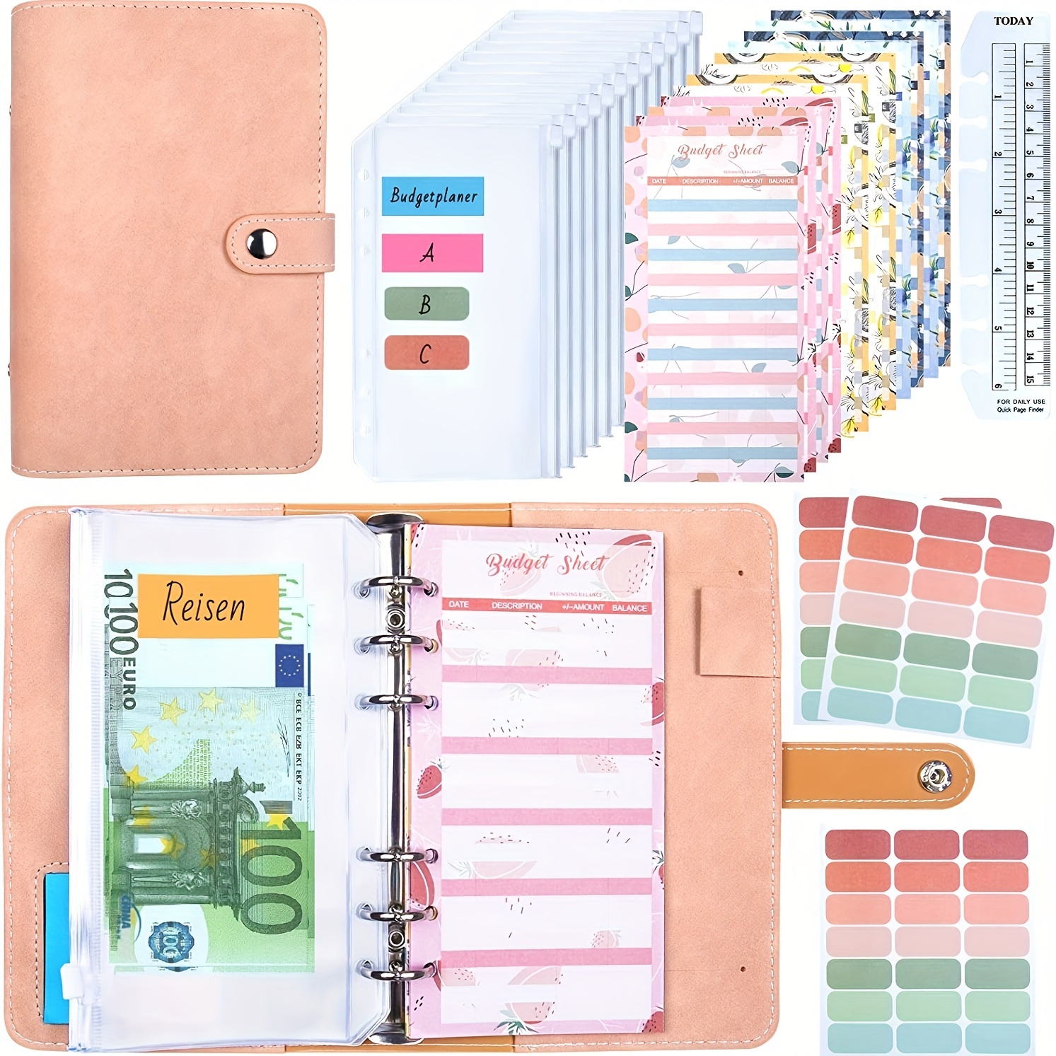 

A6 Budget Planner Suede Pink With Card Slots, Stainless Steel Binder, Pu Leather Cover, Pen Case, And Button Clasp - Financial Planning Organizer For Adults