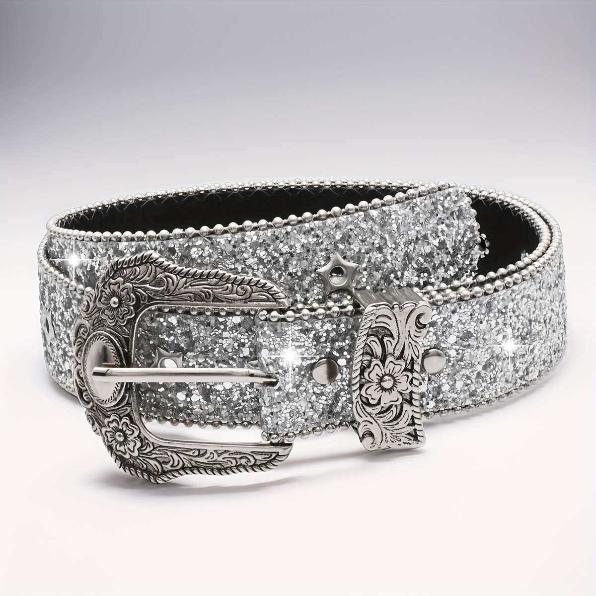 E-shop Silberfarbener Pailletten Vintage Blumen Schließe Verstellbarer Pailletten Gürtel Stern Hohlschmuck/Perlenketten Dekoration Multi-Szenen