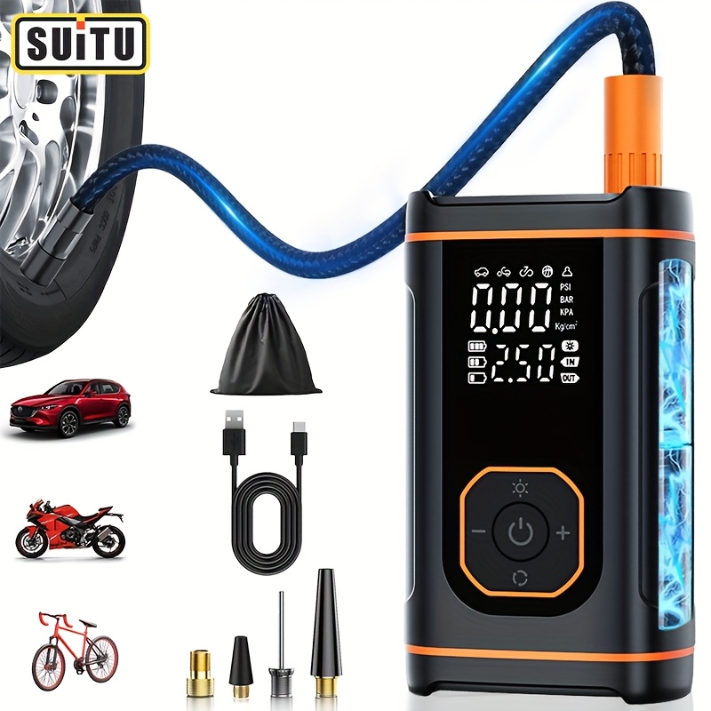 photo de l'article compresseur     fil haute   | pompe à pneu portable avec batterie au lithium rechargeable usb et affichage numérique, convient aux voitures, motos, vélos et ballons de sport, gonflage rapide, structure durable, détection précise de la pression