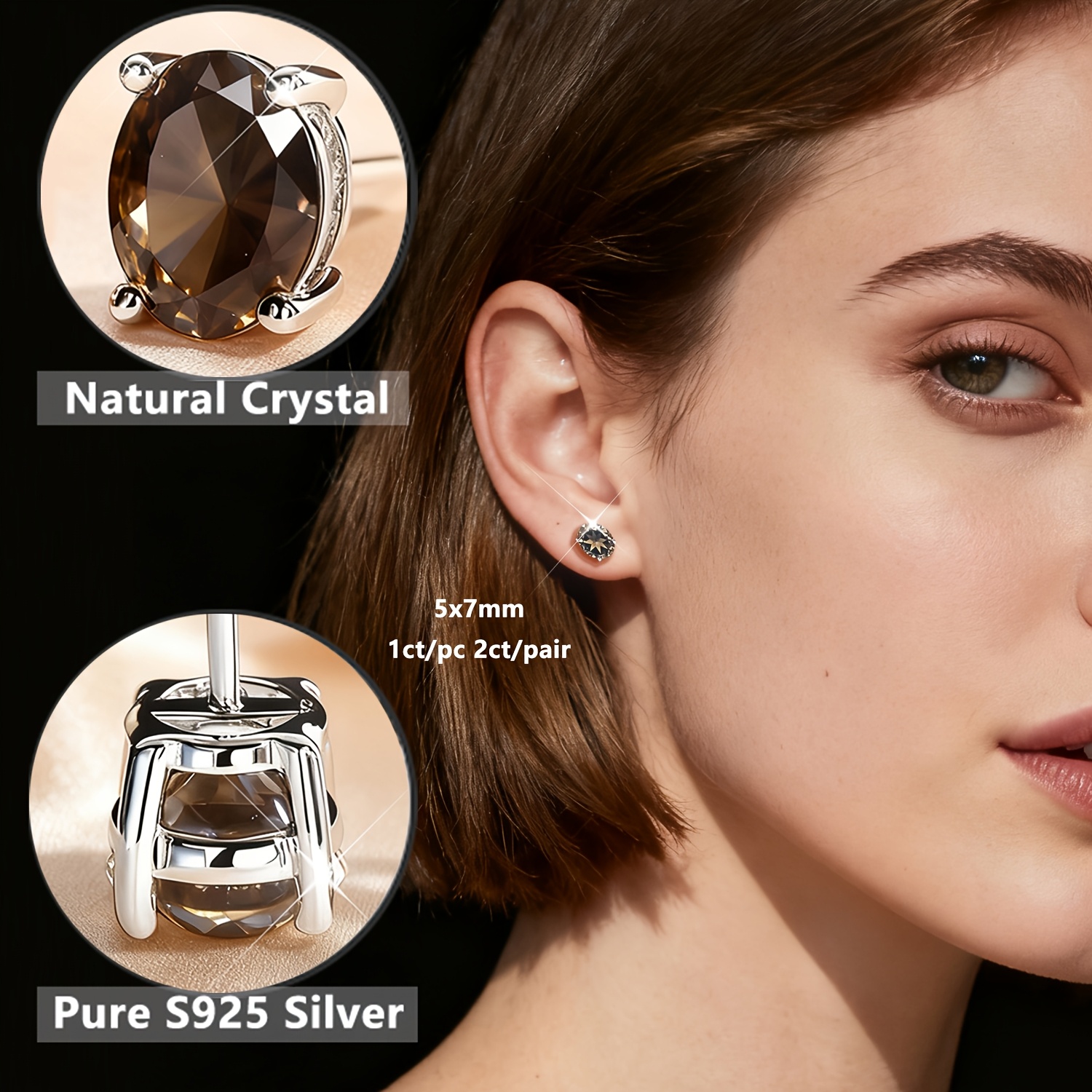 TEMU Crystal S925 Silver Stud Earrings, Hypoallergenic Lightweight Durable Material, Set With Oval Natural Tea Crystal, Elegant Accessory, Brown Tea