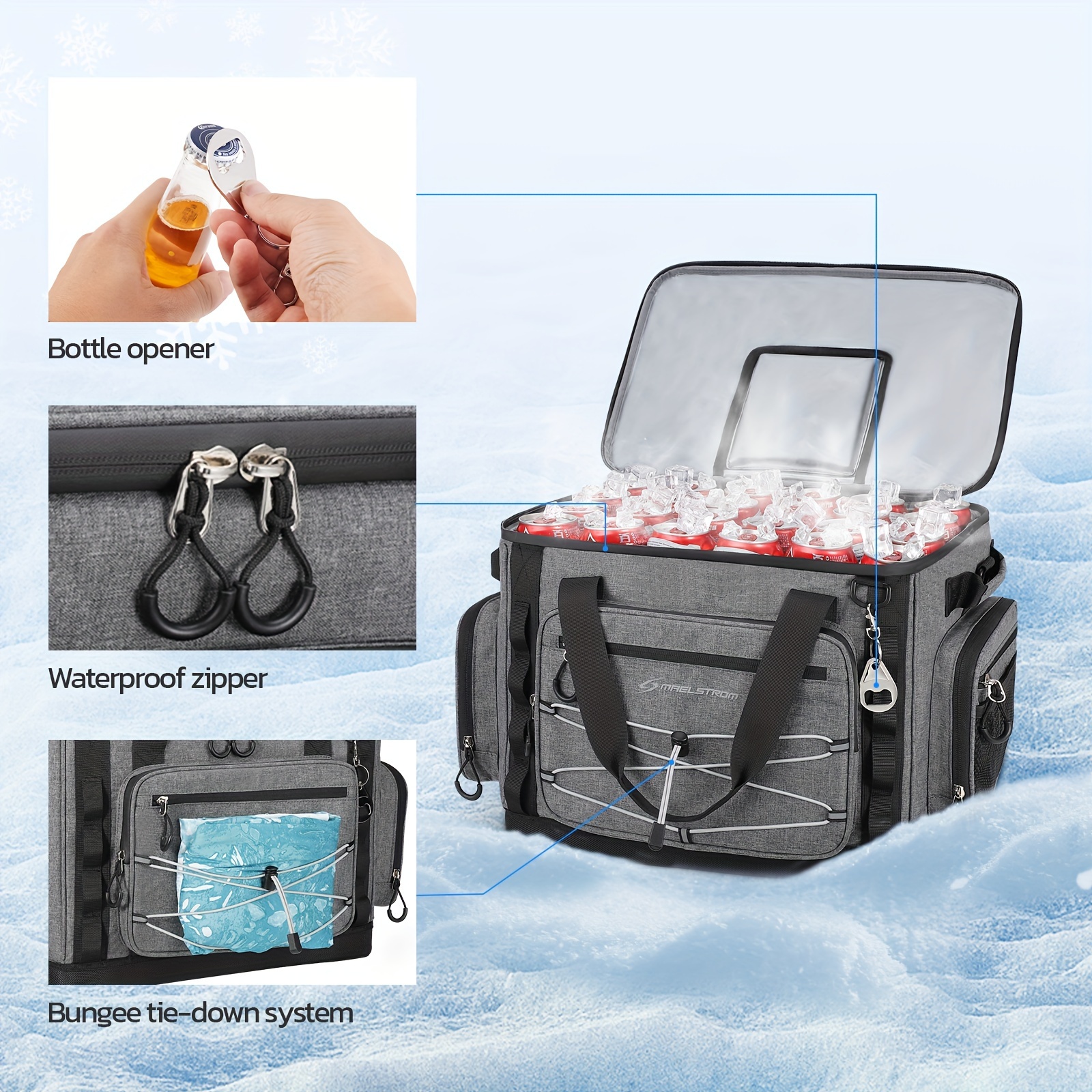 Maelstrom 58 Can Insulated Cooler Bag with Hard-Bottom, Wheels & Multiple Compartments - Durable Gray PVC Construction, Ergonomic Handles & Shoulder Straps for Camping, Tailgating, Outdoor Adventures