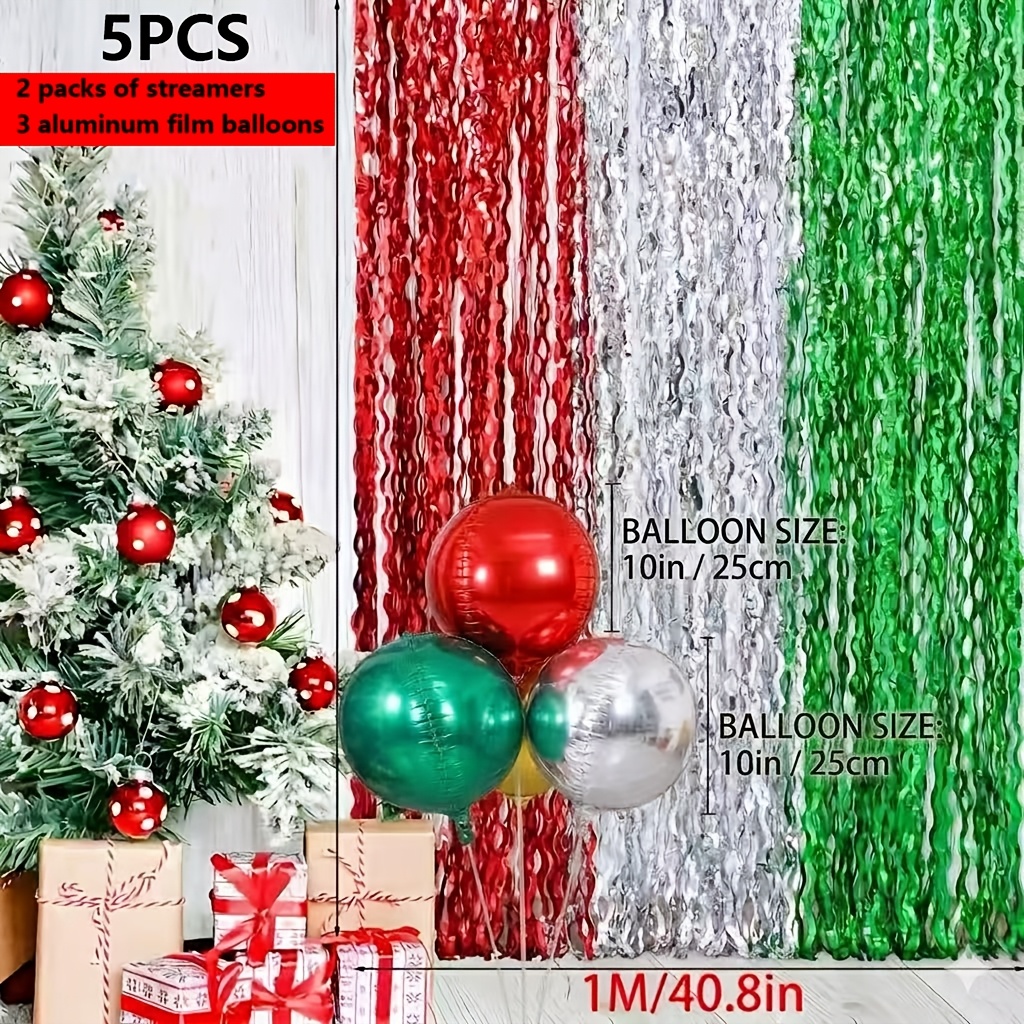 TEMU 5pcs Set, Christmas Foil Tassel Decorative Ribbons And 10-inch Mylar Balloons, Red/green/white Christmas Ribbons, Christmas Theme Tree Mylar