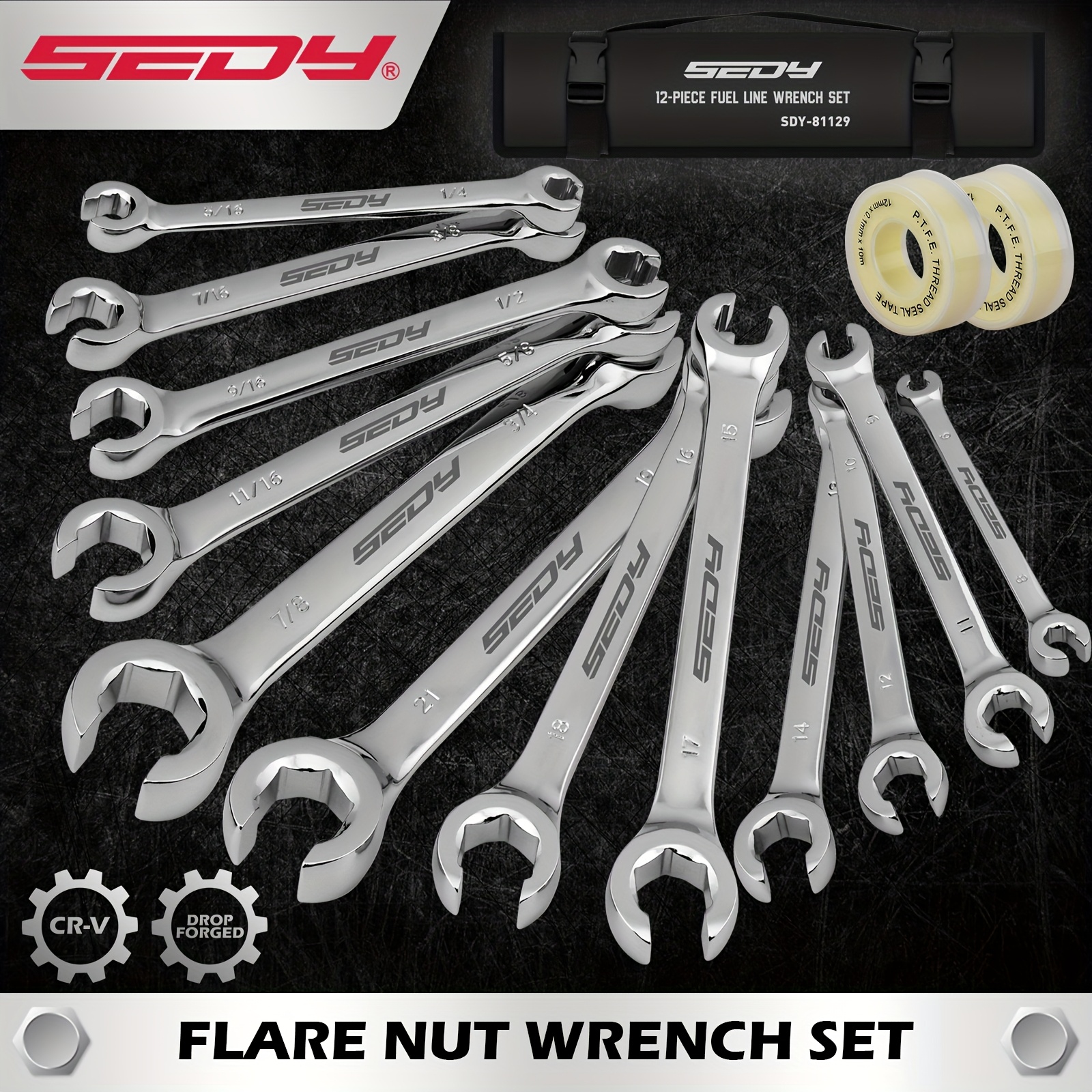 TEMU Sedy 12pcs Flare Nut Spanner Set Teflon Tape Wrench Metric & Sae Brake Line Repairing Pouch