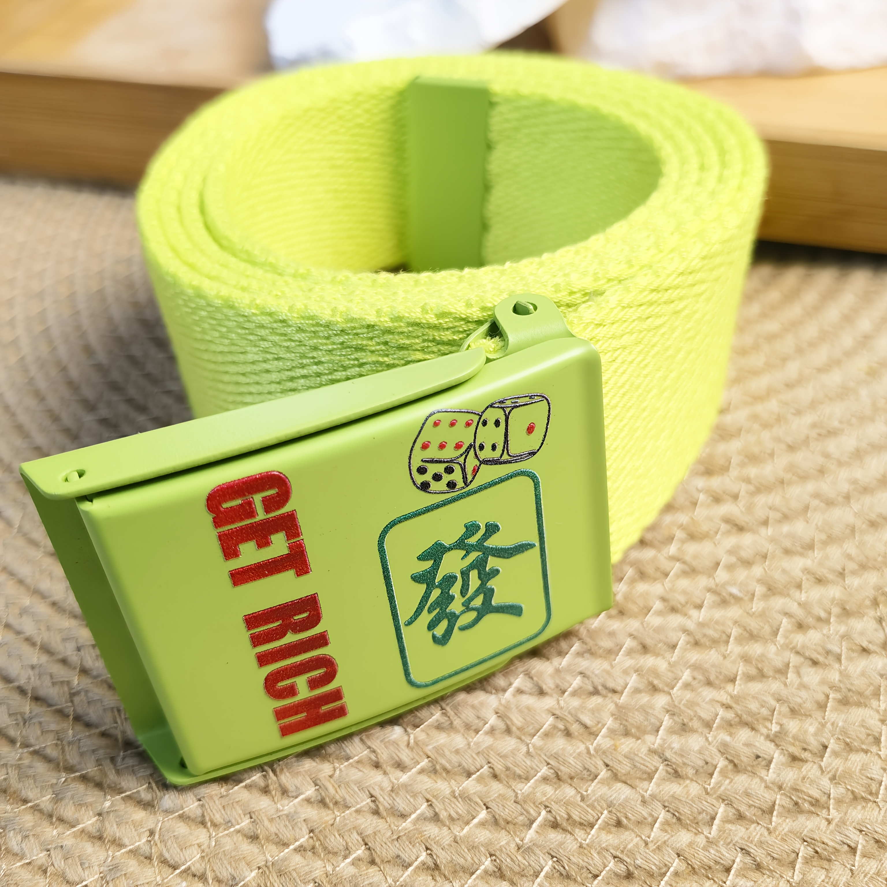 Men'S Green Canvas Belt with GET RICH Motif