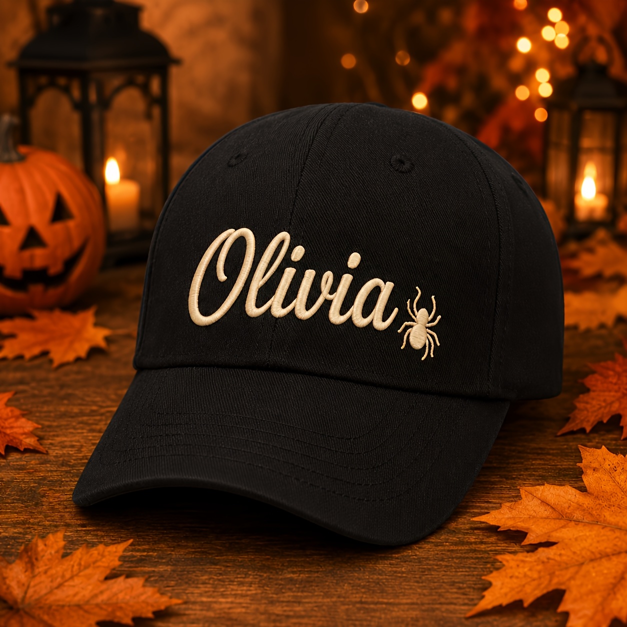 TEMU Casquette de baseball brodée personnalisée pour Halloween, personnalisée avec nom brodé et motif d'araignée, casquette bec de canard à dessus ,