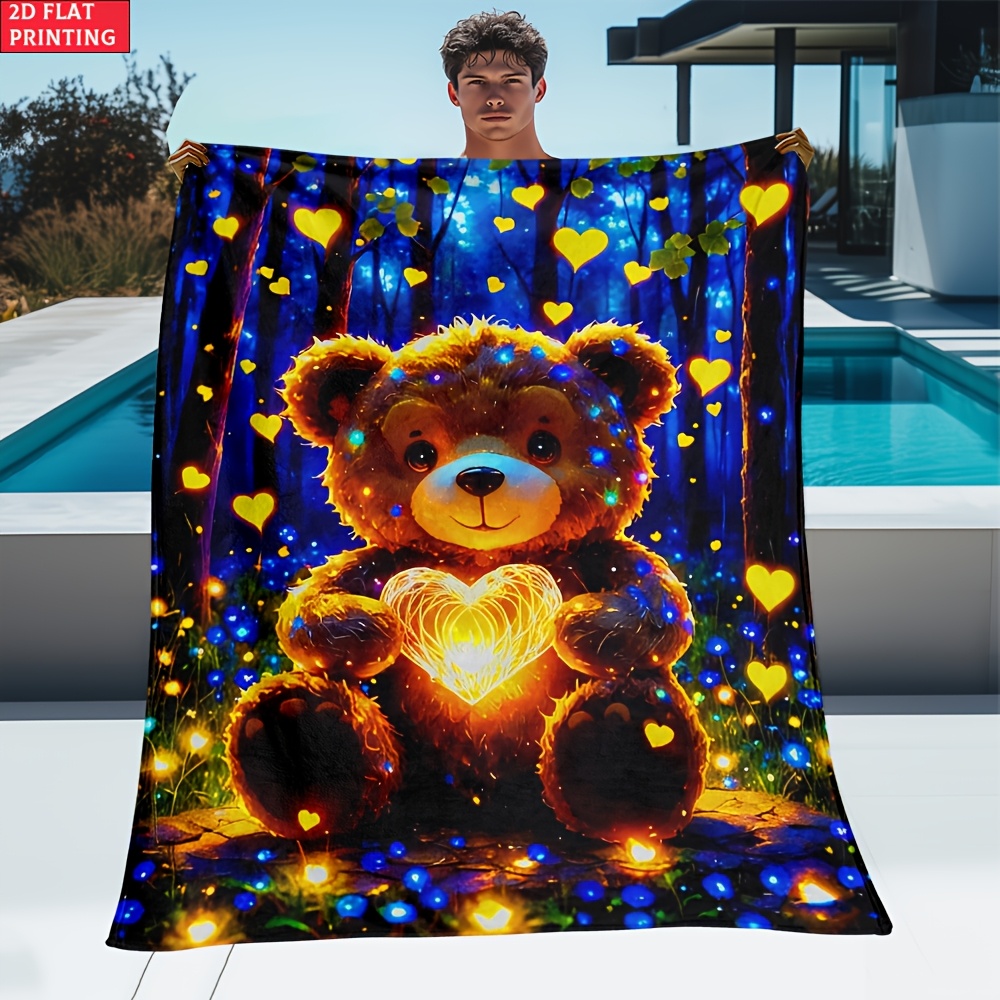 E-shop 1 Stück, Leuchtender Bär bedruckte Outdoor-Decke – Leichtes Flanell für Sofa, Reisen, Wohnzimmer, Büro, Couch, Stuhl Bett – Digital bedruckte