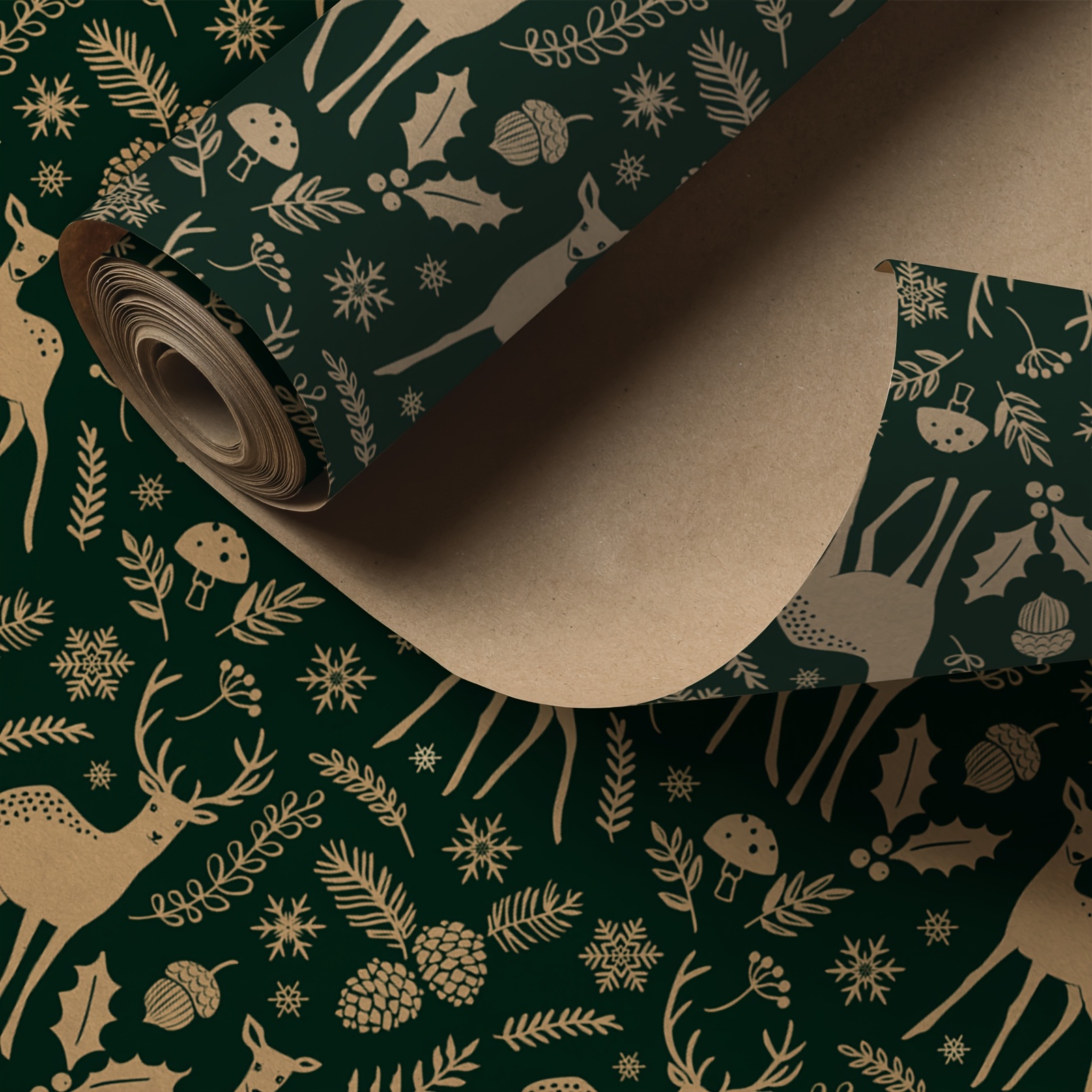 Image of 1 Roll Christmas Wrapping Paper | Golden - Brown Deer, Holly, , Snowflakes, Mushrooms & Pine Needles On Dark Green - Ideal For Holiday Gifting, Rustic Decor - 43.2cm X 500cm (17" X 16.5')