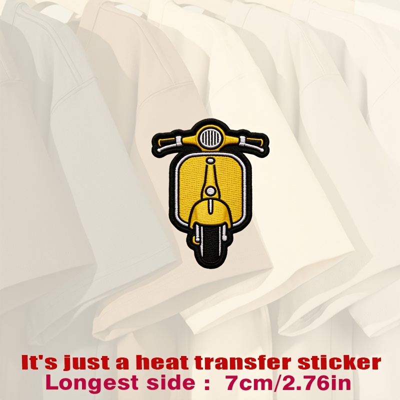 TEMU Vintage-style Yellow Scooter Patch With Black And White Accents, Featuring Design On A Black Background, Heat Transfer Stickers Are Suitable For