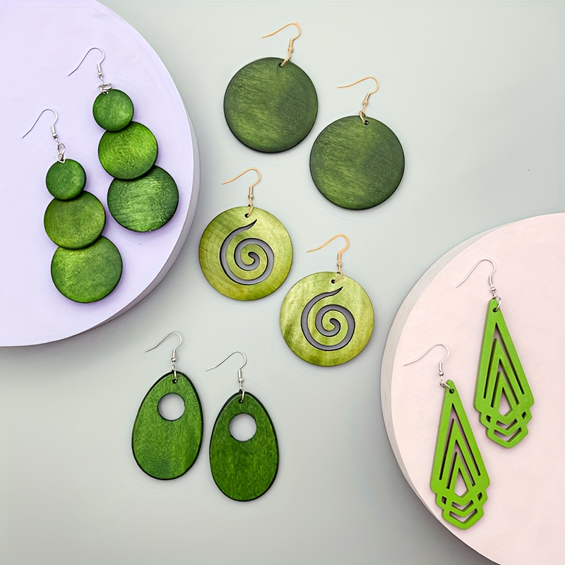 

5 Pairs Green Wood Earrings, Assorted Geometric Drop Dangle Earrings For Women, Vintage Jewelry Accessory, Boho Chic Fashion Ear Pieces