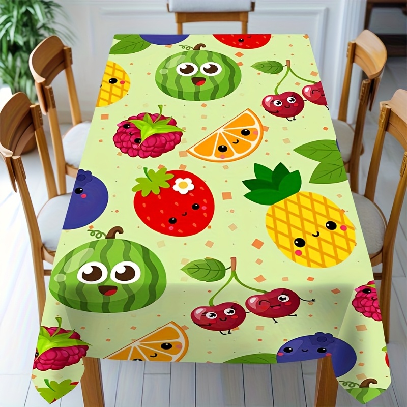 TEMU 1pc Vibrant Fruit Print Tablecloth - Strawberry Pineapple Citrus Design, Durable Polyester Material, Ideal For Picnics, Weddings, Birthdays, And