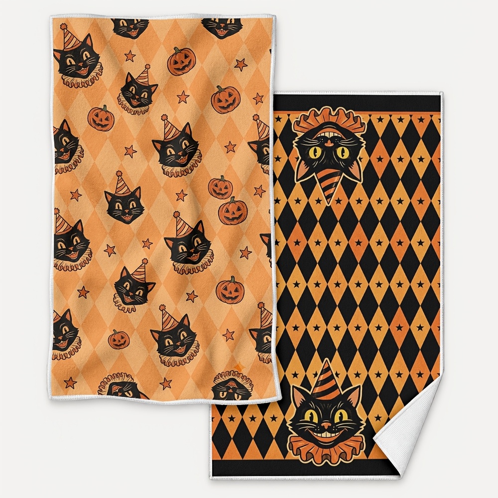 TEMU 2pcs Retro Fall Kitchen Towels Set Black Cat & Pumpkin, Absorbent Dish Towels For Drying Dishes, Cute Autumn & Halloween Pumpkin Theme Tea Towel