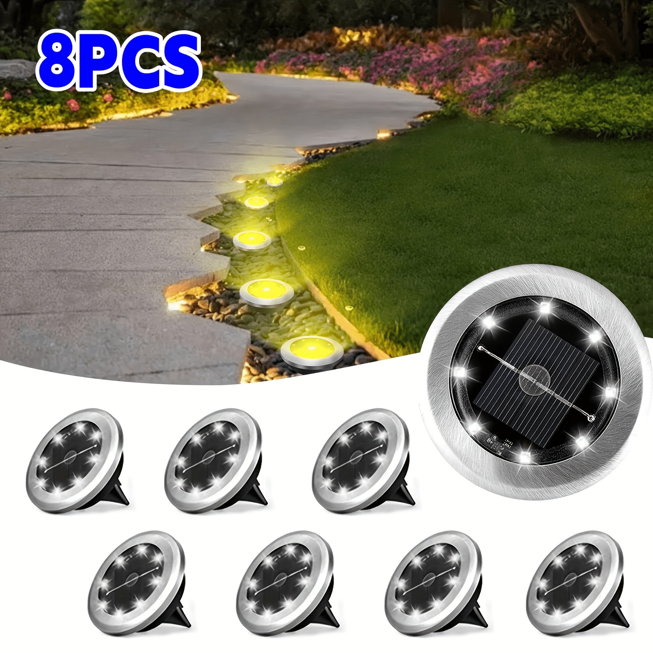 TEMU Paquete de 8 focos solares de suelo, luces geográficas, IP44, acero inoxidable, /blanca, luces de paisajismo para exterior, luz de disco