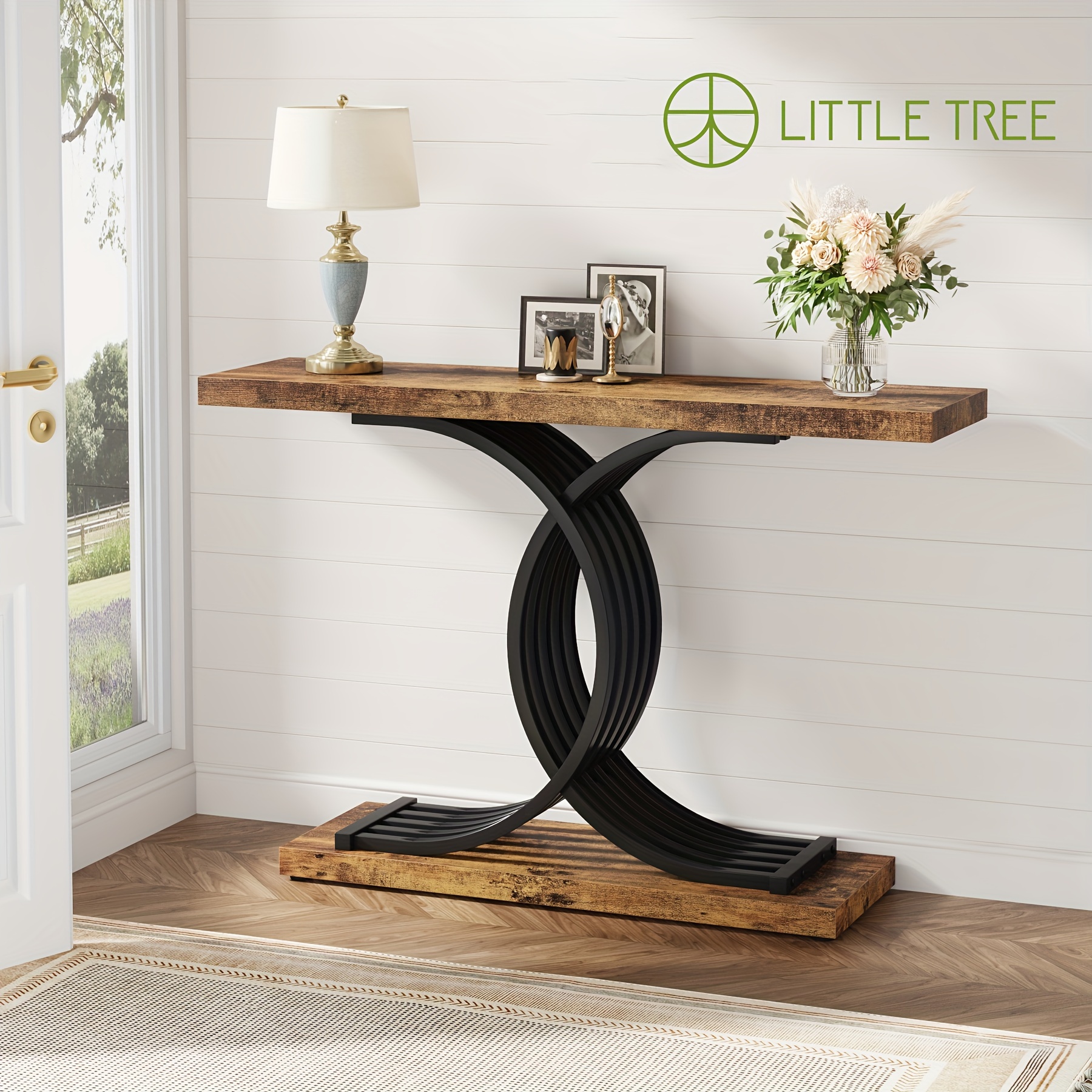 

Little Tree Industrial Entryway Table, Vintage Console Table Accent Table With Geometric Metal Legs, Narrow Wood Sofa Table Foyer Table For Living Room, Entryway, Hallway, Entrance, Brown