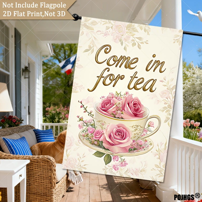 TEMU 2d Flat - 2d Flat - A Single Piece Of A Two-dimensional, Double-sided Garden Flag Featuring An Teacup Design With Delicate Roses And Golden