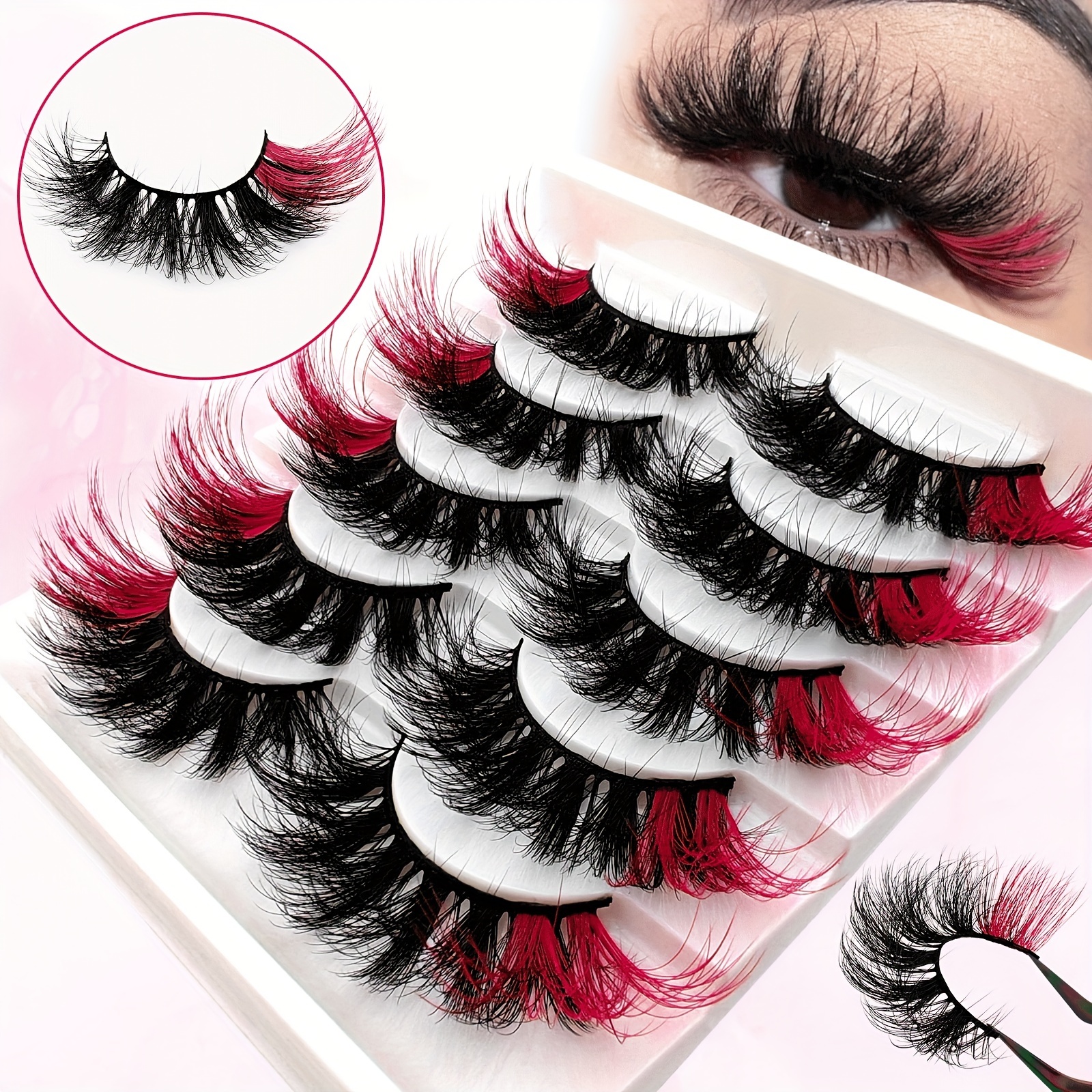 

5 Pairs Fluffy Colored False Eyelashes, Cat Eye Style, Multi-layered, Thick & Voluminous, C/d , 13-21mm Length, Reusable For Beginners