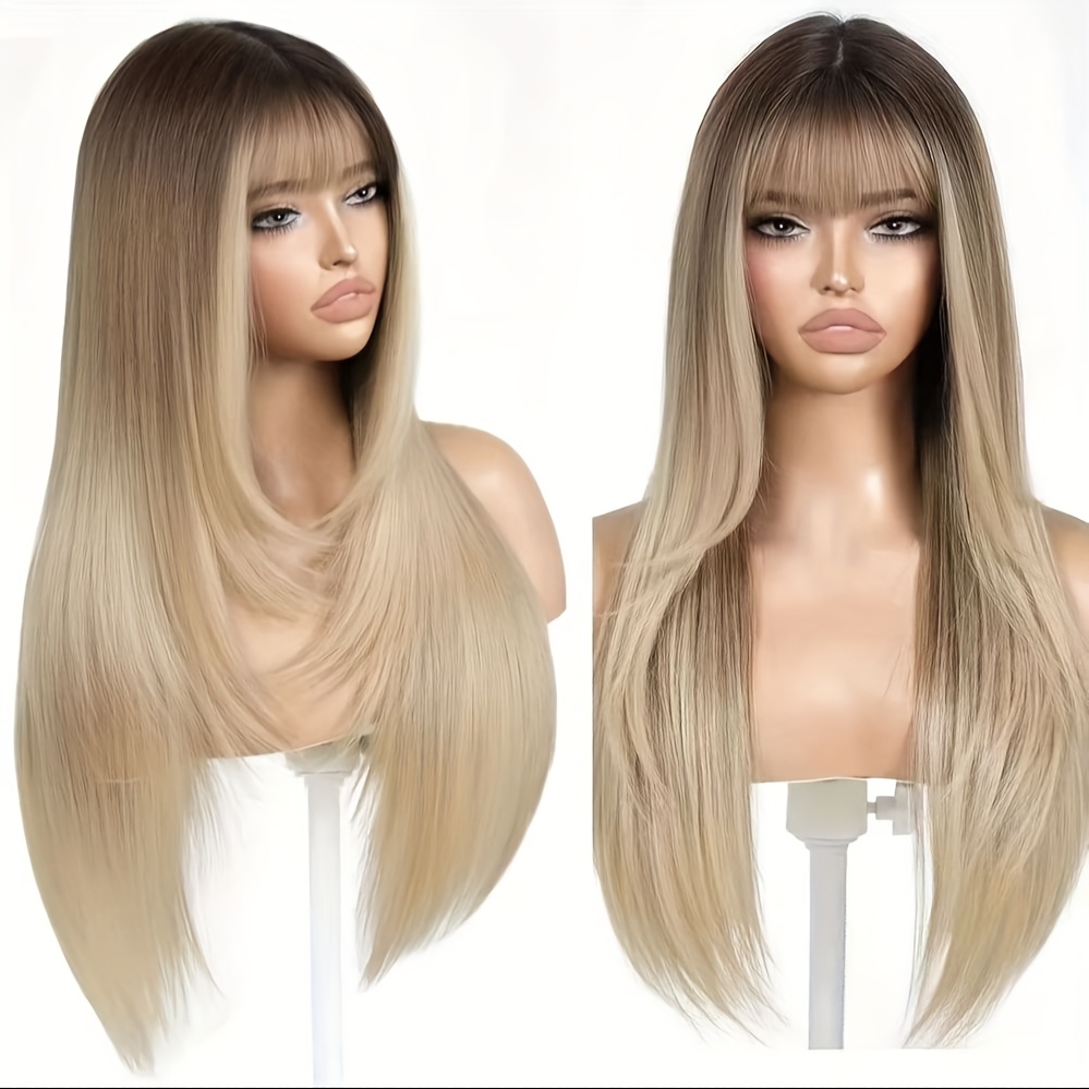 Synthetic Straight Wig with Bangs Layered Glueless True Scalp 26inch glueless black wig bangs long straight layered - Temu main image 2