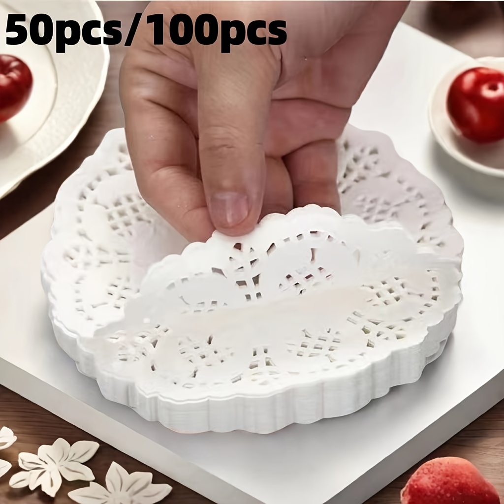 

50pcs/100pcs, Round Mat Paper Lace Cupcake Pad For Fried Food Dessert Cookies, Party Wedding Table Decor, Biscuit Cake Pad, Kitchen Utensils, Kitchen Supplies, Kitchen Accessories, Kitchen Stuffs