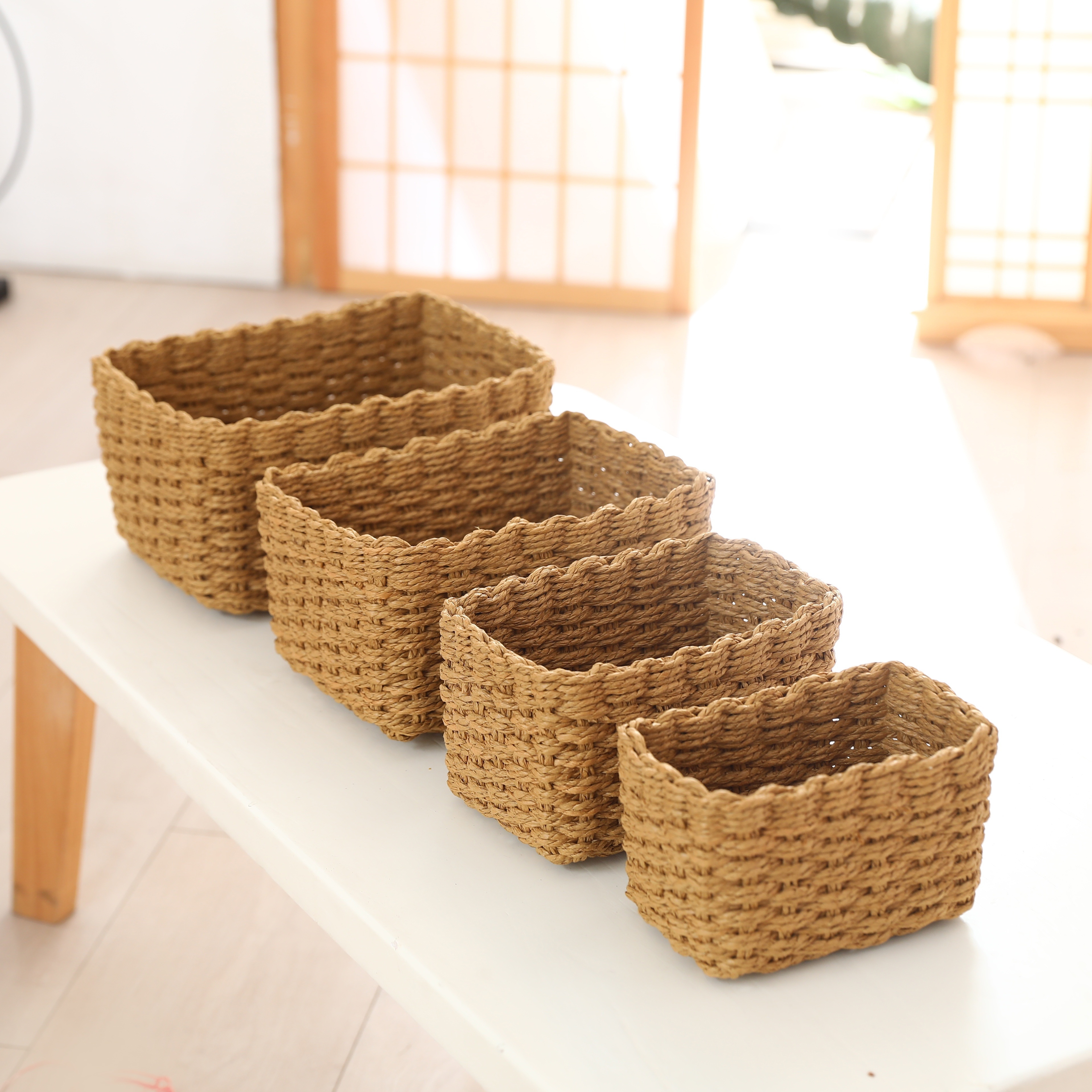 

4pcs/set Paper Rope Storage Bin, Household Multipurpose Organizer Basket For Toy, Clothing, Desktop , And Cosmetic Organization, Sizes, Vintage Style, Storage Bins For