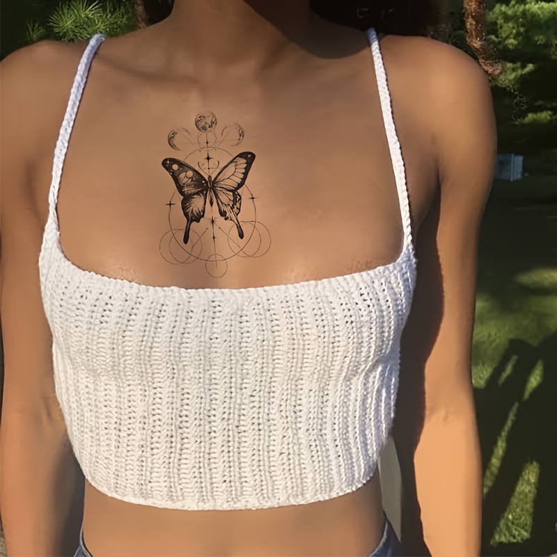 1pc black simple element geometric moon butterfly waterproof temporary tattoo sticker black pattern for arm women men details 2