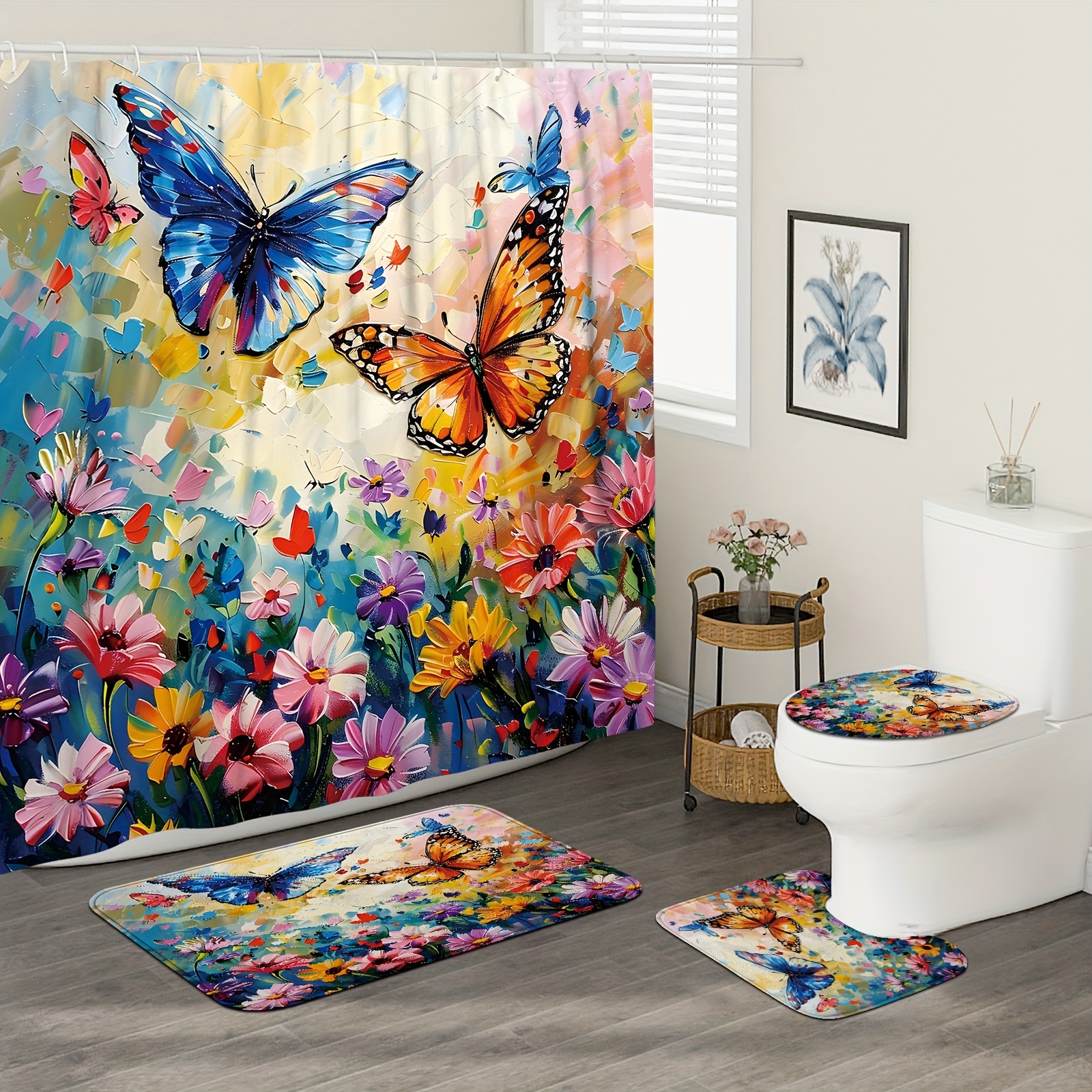 

1/4pcs Colorful Butterfly Flower Printed Shower Curtain Set With 12 Hooks, Decorative Partition Curtain, Toilet Cover Mat, Bathroom Non-slip Mat, U-shape Carpet, Bathroom Accessories