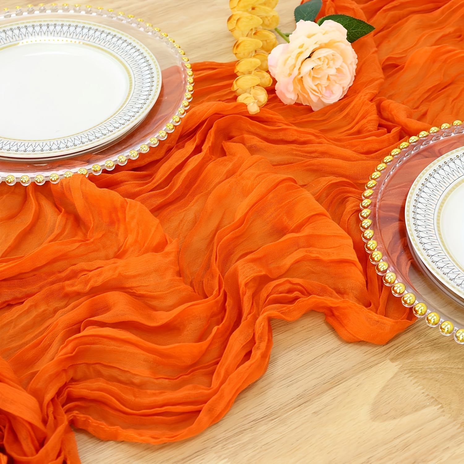 E-shop 3er-Set Orangefarbene Bohemian Polyester Tischläufer mit Falten | Einfarbige Tischdecken für Landhausdeko, Hochzeit, Geschenk, Feiertagsfeiern,