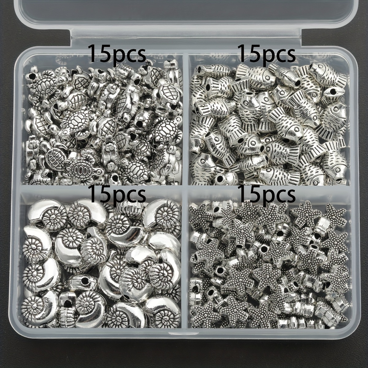 E-shop 60 Stück/Box Abstandperlen mit Meeresmotiv, Abstandperlen aus Legierung mit durchgehendem Loch, fischförmige Abstandperlen, Zierperlen, flache