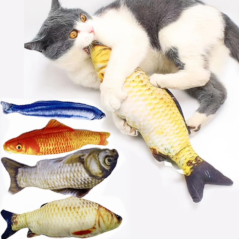 

4-pack Cat Plush Fish Toys, Polyester Animal Print Interactive Toys For Medium Breeds, Bell-free Cat Amusement Set