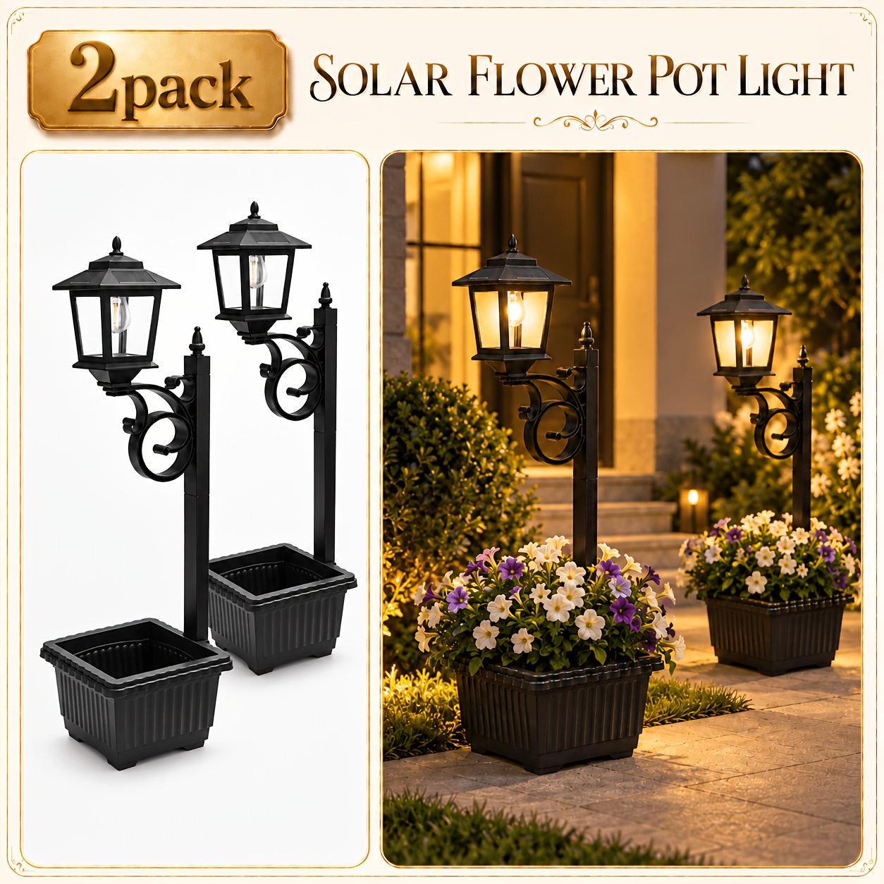 TEMU 1pc/2pcs/set Outdoor Solar Flower Pot Lamp, Outdoor Lighting Lamp, -one Multi-functional Home Decoration Lamp (with Flower Pot, Suitable For