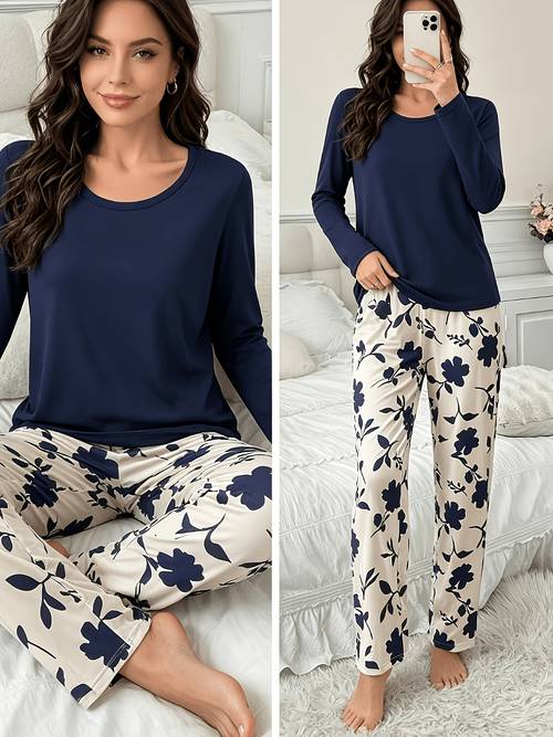 2pcs womens autumn winter long sleeve long pants pajama set casual wear with elegant floral print and crew neck design