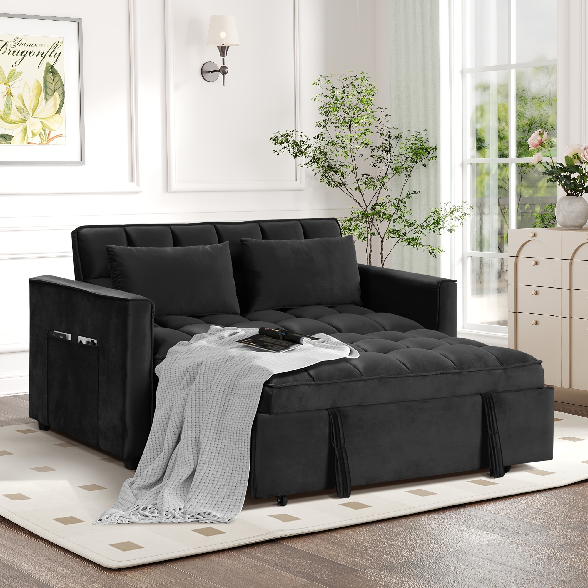 

3 In 1 Convertible Sleeper Sofa Bed, Modern Velvet Loveseat Futon Couch Pullout Bed, Small Love Seat Lounge Sofa With Reclining Backrest, Side Storage Pocket And Pillows For Living Room