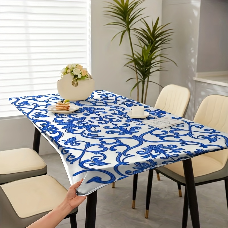 TEMU 1pc, Design Tablecloth With Elegant Blue Floral Pattern, Classic Vintage Stretch Tablecloth For Dining , Suitable For Home Decor And Outdoor