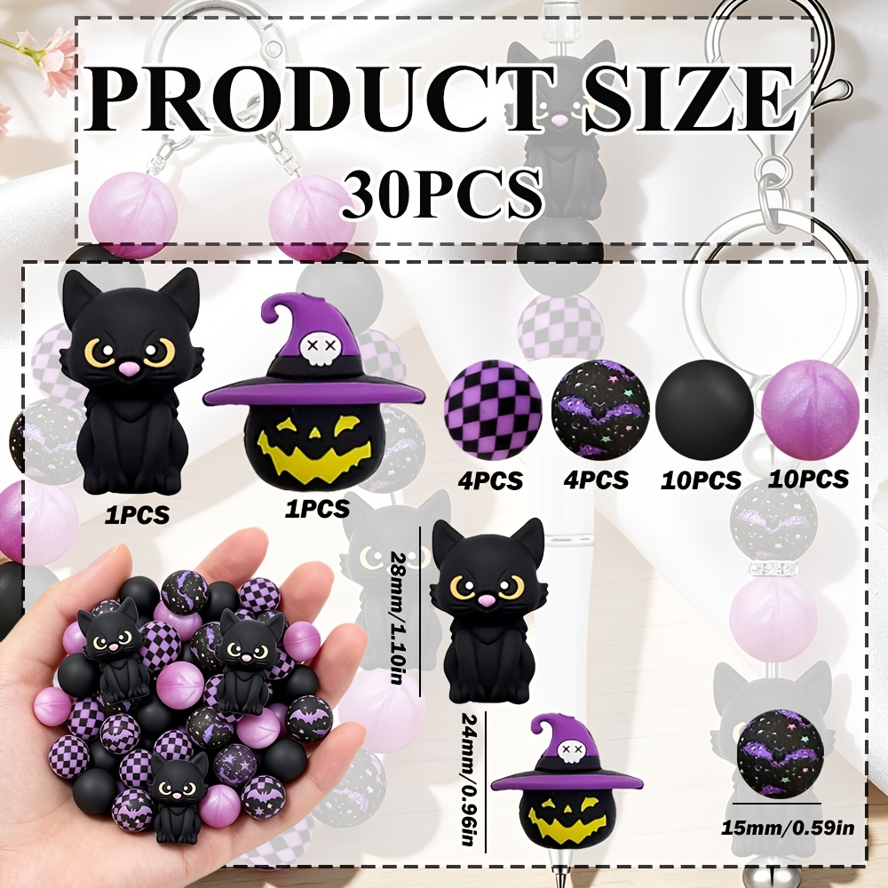 TEMU 30 pièces Perles Halloween et - 3 Breloques Chat et Citrouille Chapeau de avec Chauve-souris Ciel Étoilé et Violet Adaptées pour la Création de