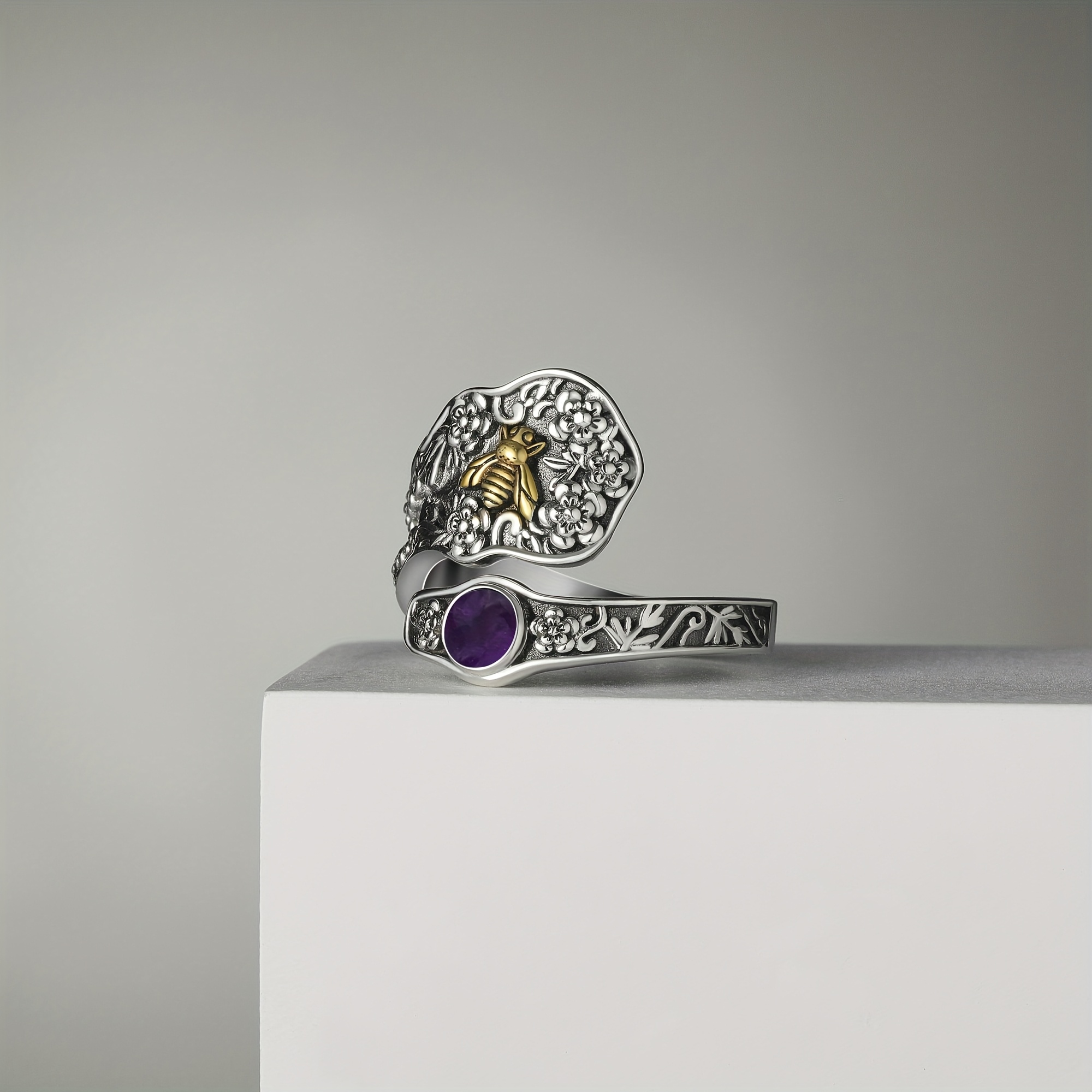 925 Silver Amethyst Spoon Ring Adjustable Thumb Jewelry Gift