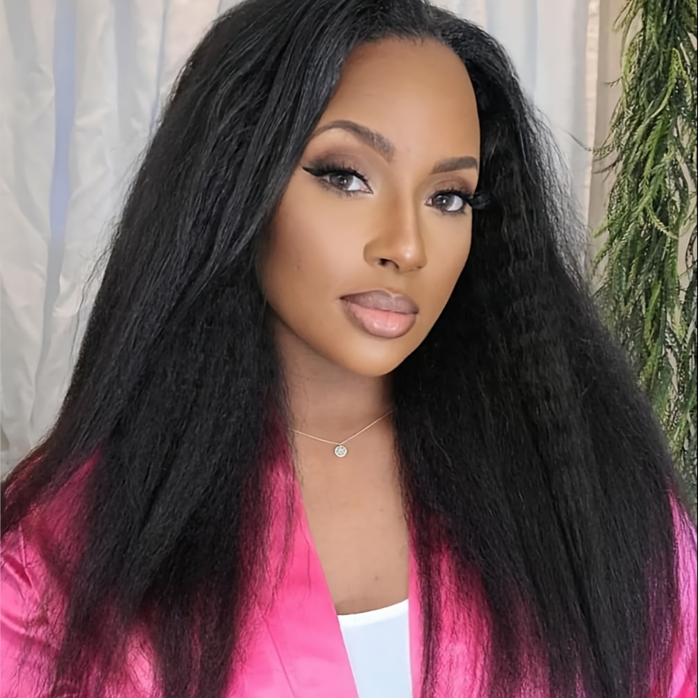 Synthetic Yaki Straight Wig Bangs Women Blow Black Kinky Temu