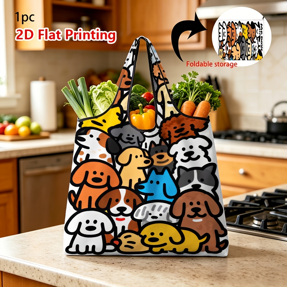 TEMU 1pc Reusable Grocery Bags Cute Cartoon Dogs Pattern Foldable Portable Shopping Bag For Daily Shopping And Home Storage Use