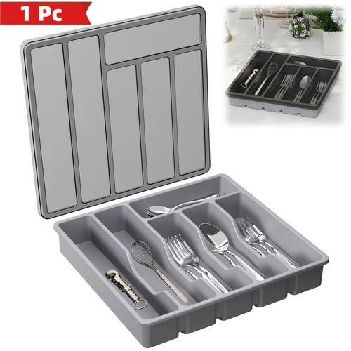 single piece cutlery organizer featuring a lid designed for kitchen drawers and countertops this plastic storage box for flatware accommodates spoons and forks with six compartments in black