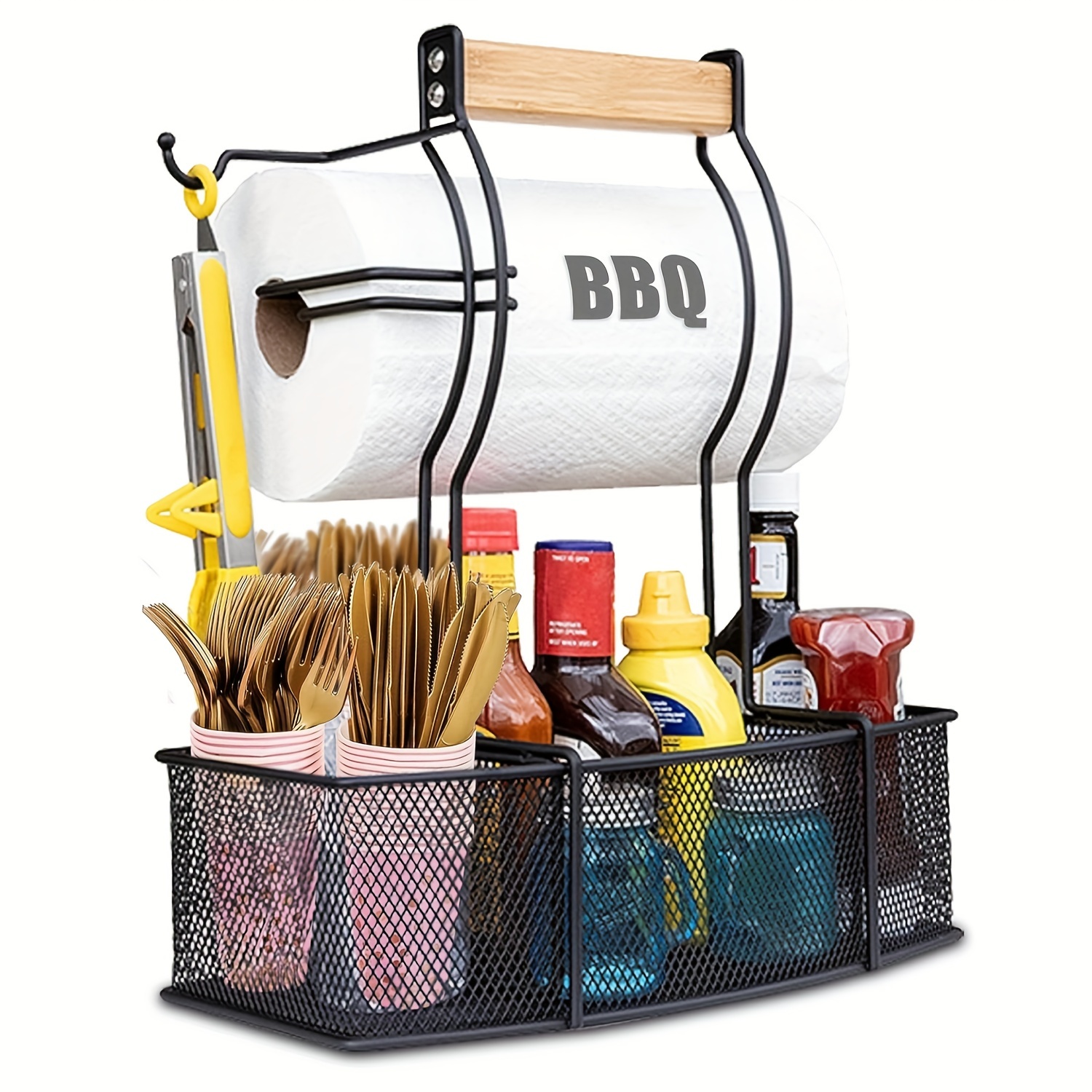 

Bbq Caddy Mesh Basket With Paper Towel Holder, Utensil Condiment , Grill Baskets For Outdoor Grill And Camping, Barbecue Camping Accessories Storage Organizer