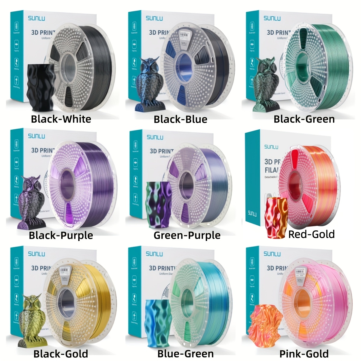 Image of 9kg Sunlu Gradient Pla+ Filament Suitable For 3d Printers, 1.75mm Wide Compatible For Fff/fdm Printers With High Accuracy (+/-0.02mm), Glossy & 9 Color Options For Hobbyists, Schools, Businesses