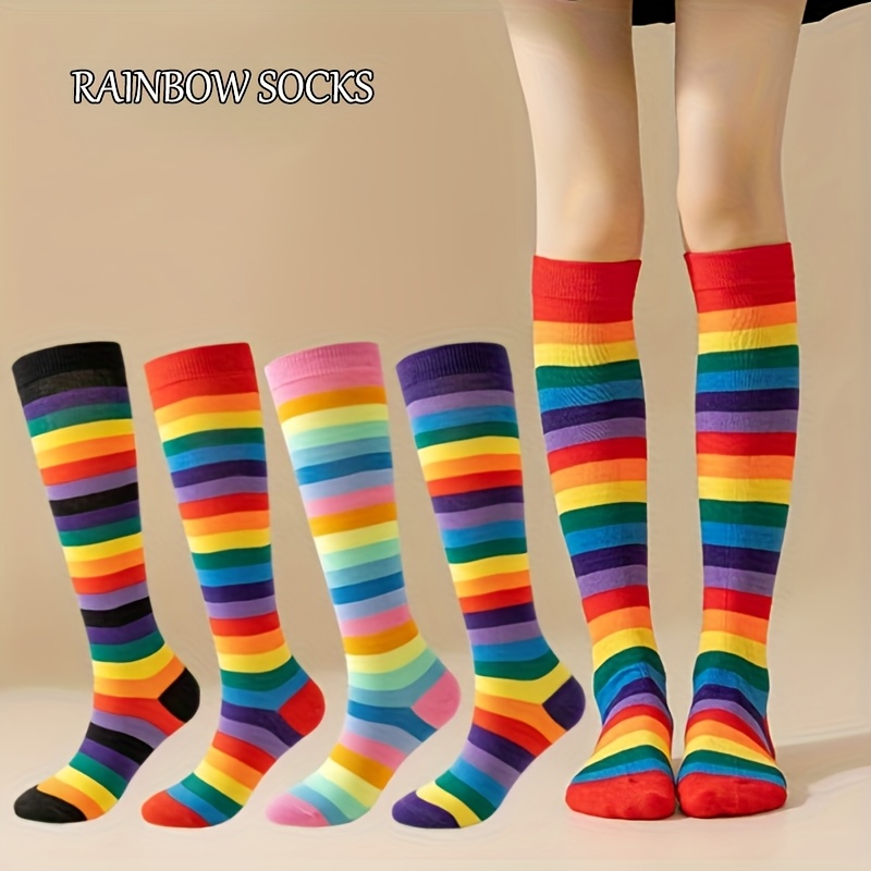4 paar damen regenbogen kniestrümpfe mit bunten streifen,   für den  , weich, bequem und bezaubernd süß