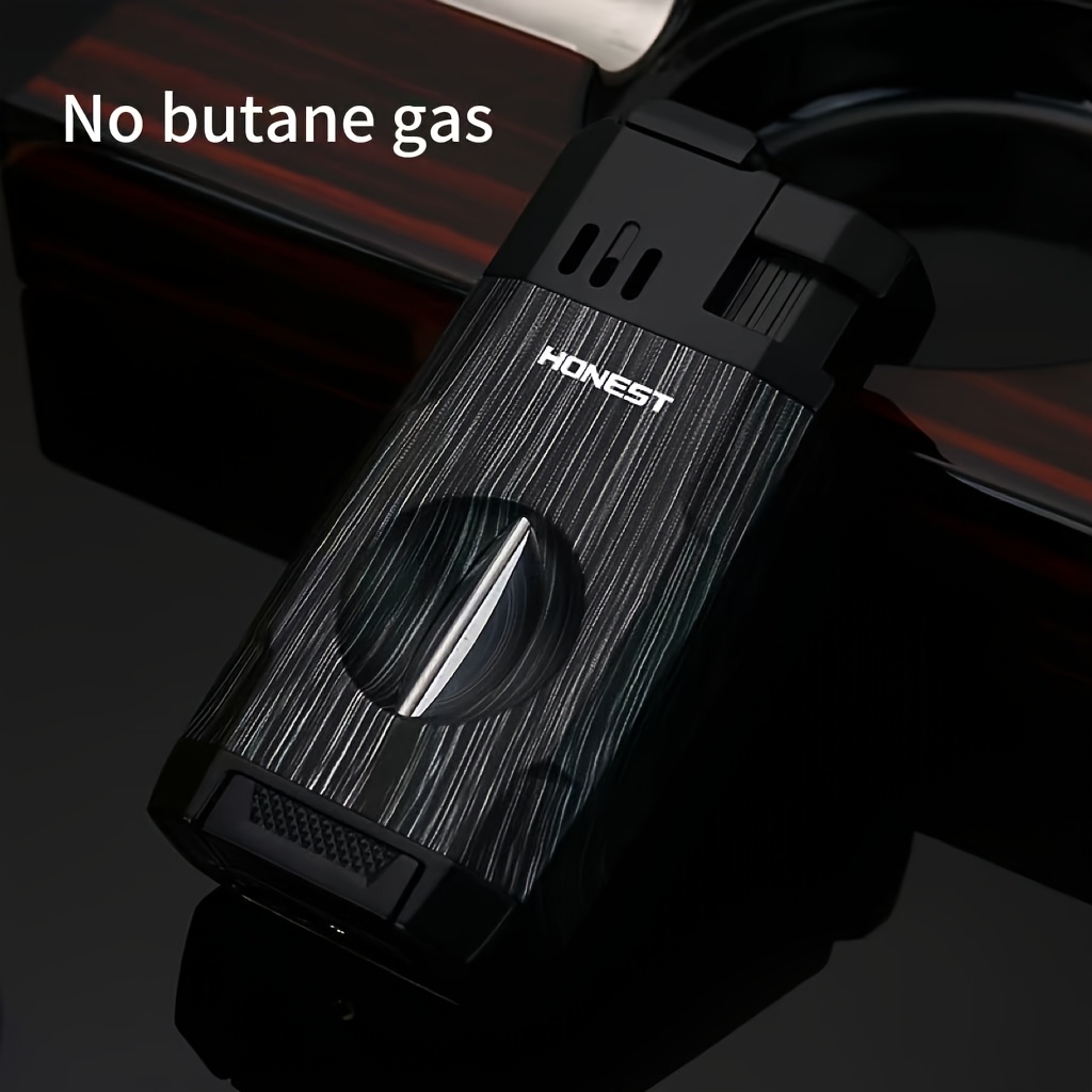 (Fuel Not Included) Cigar Lighter, Torch Lighter With V-shaped Cigar Cutter, Built-in Cigar Clip, Visible Air Window, Cigar Torch Lighter, Cool Lighter Suitable For Candles, Dual Windproof Jet Flame, Integrated Torch Cigar Lighter With Double Flame