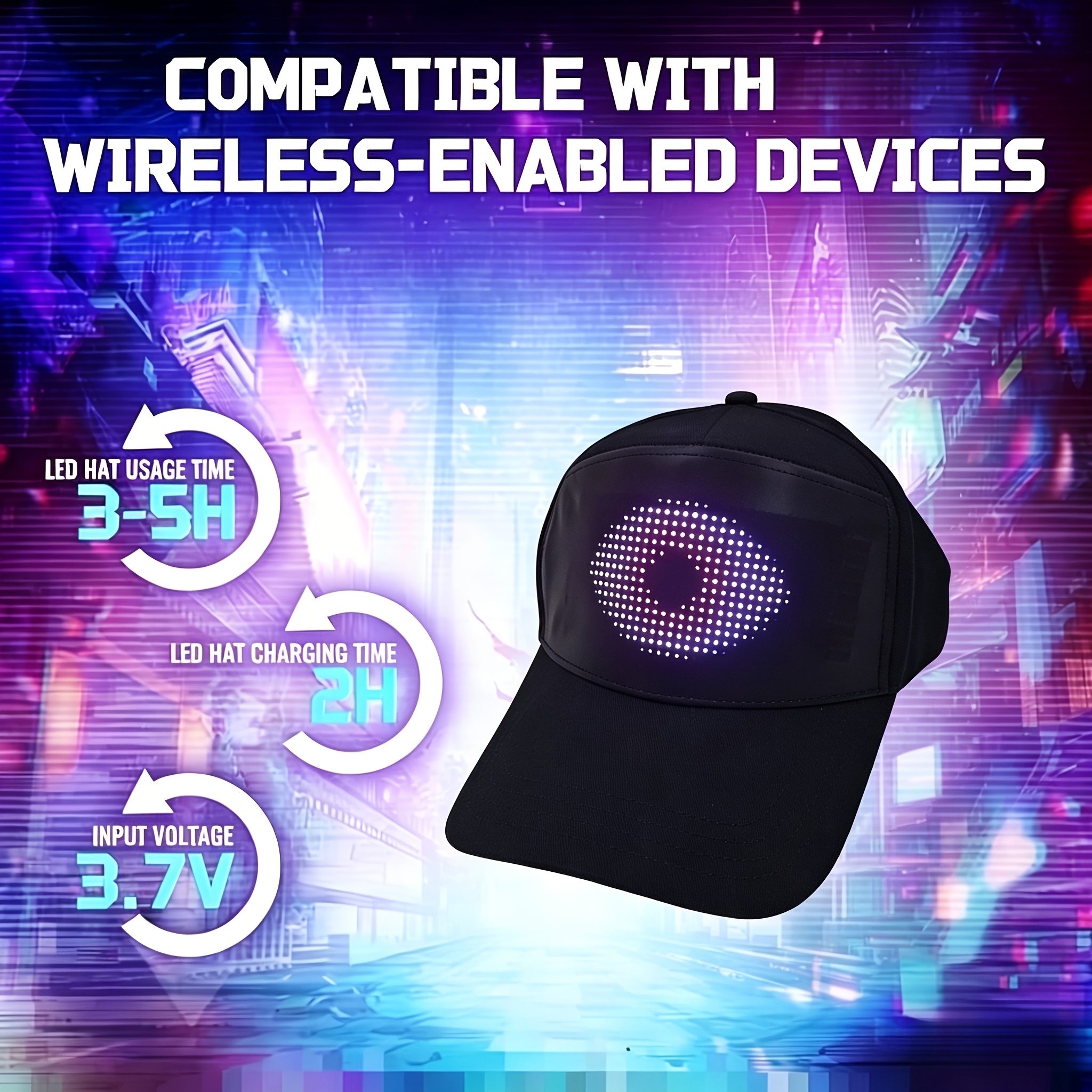 Casquettes LED, Affichage LED Intelligent, Casquettes Lumineuses Rechargeables à Écran Couleur, Affichage Défilant Programmable, Contrôle Sans Fil par Application, Idéales pour Soirées Dansantes, Concerts, Cadeaux d'Anniversaire, Noël, Halloween, Saint-Valentin
