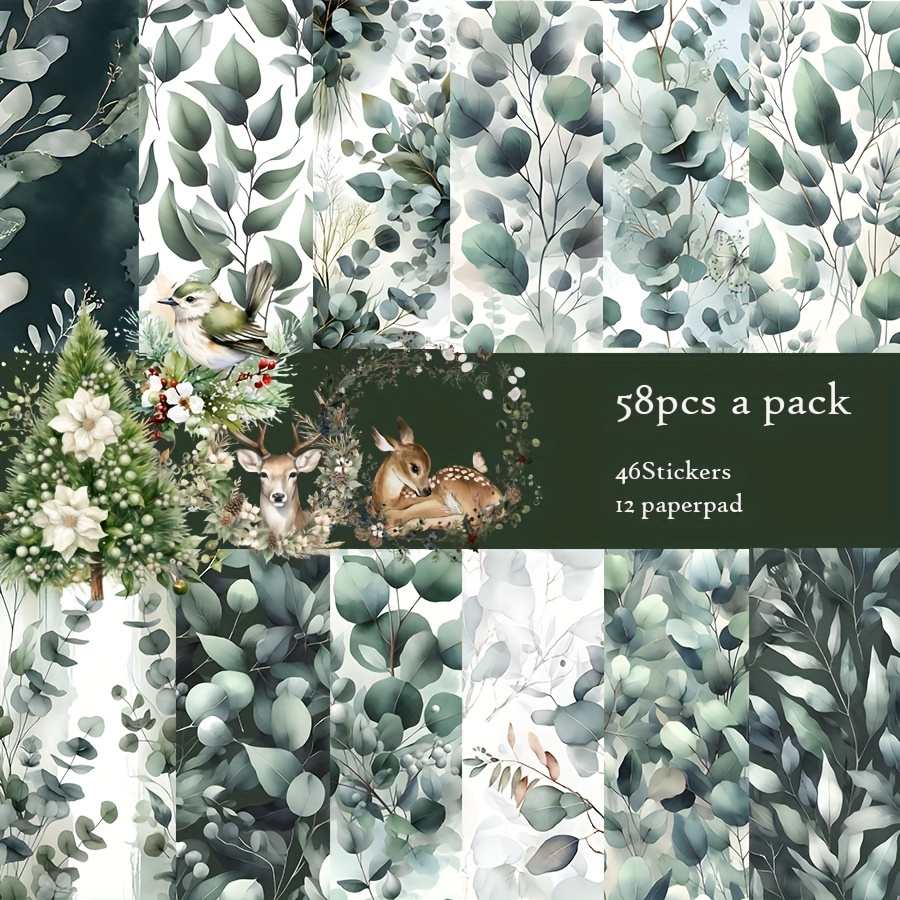 

58-piece Eucalyptus & Wildlife Themed Craft Paper Set – Uncoated, Recyclable Diy Scrapbooking & Greeting Card Kit With Stickers & Patterned Paper Pads For Christmas Decor & Family Albums