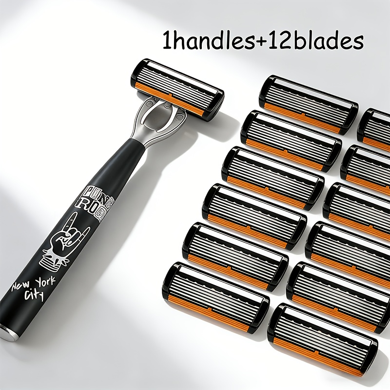 TEMU Men's Hip-hop Style Manual Razor, Featuring Orange And White With 6-layer Steel . This Shaving And Hair Removal Set Includes 12 Replacement