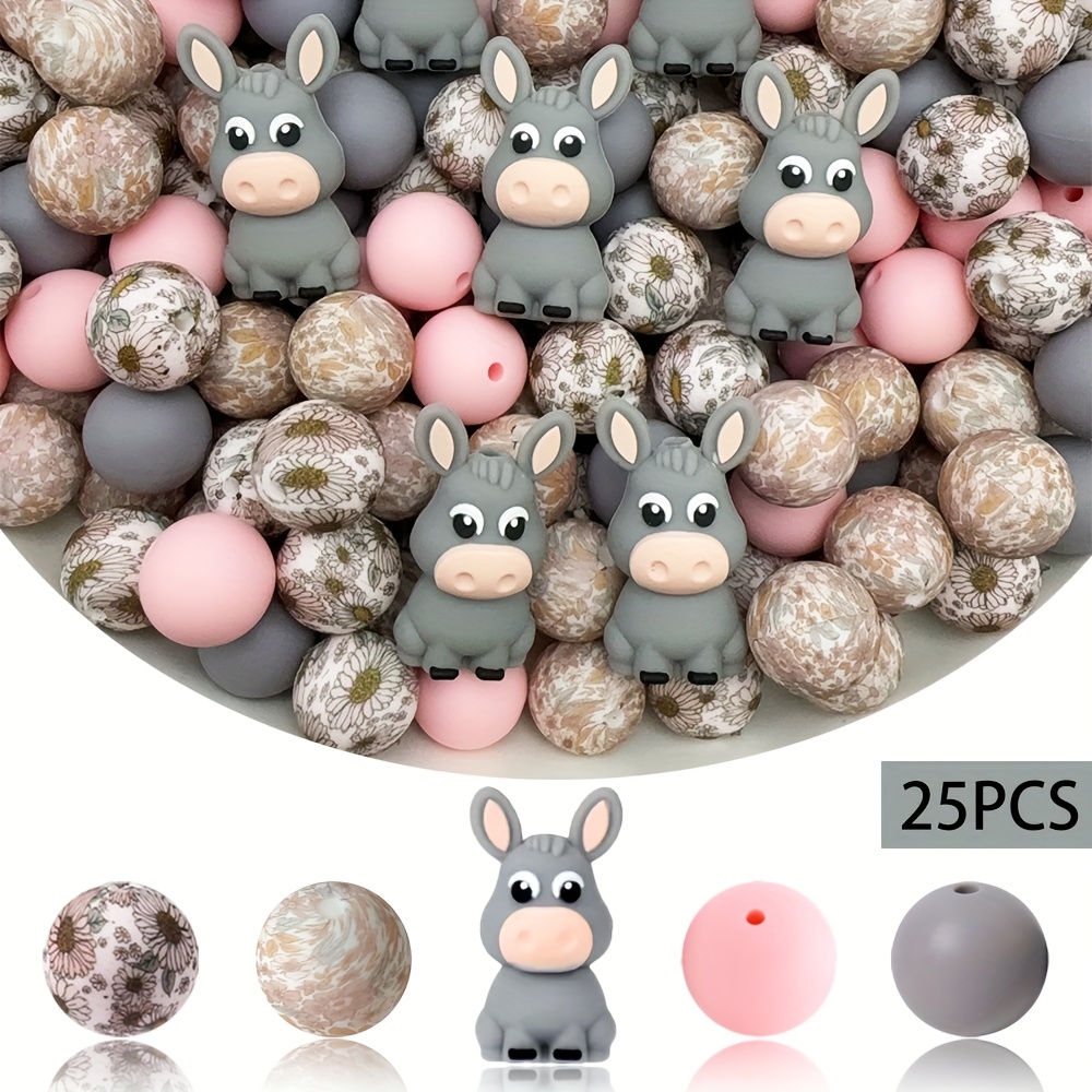 TEMU 25pcs Silicone Donkey Bead Set - Gray Donkey Design, Colorful Loose Beads For Diy Crafts, Bracelets, Necklaces, And Straps, Animal Beads For