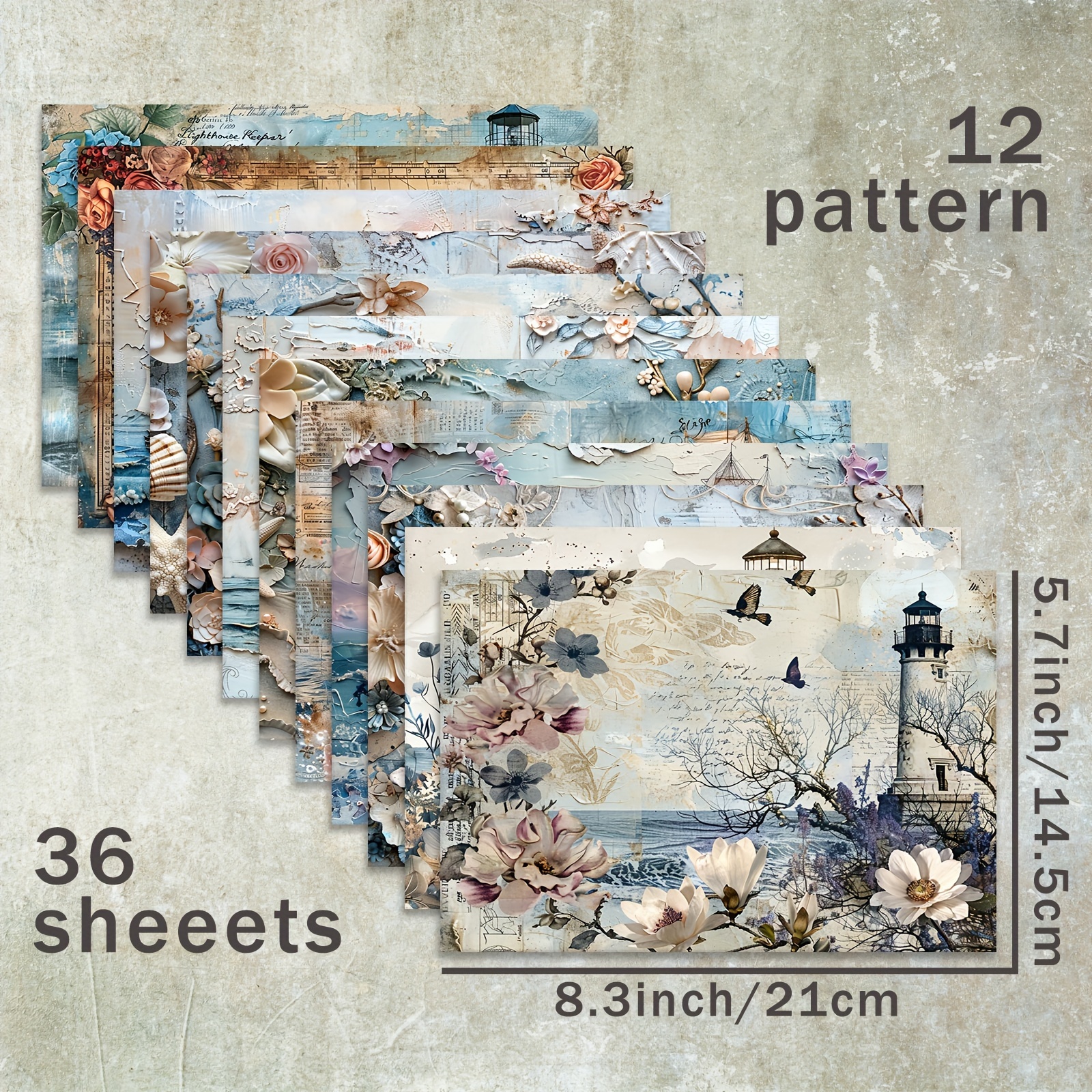 36 Sheets A5 (beach Ocean Sail Sea Tower Broken Pattern Background) Tissue Paper, Suitable For Journal Junk Journal Greeting Cards Background Album And Handmade