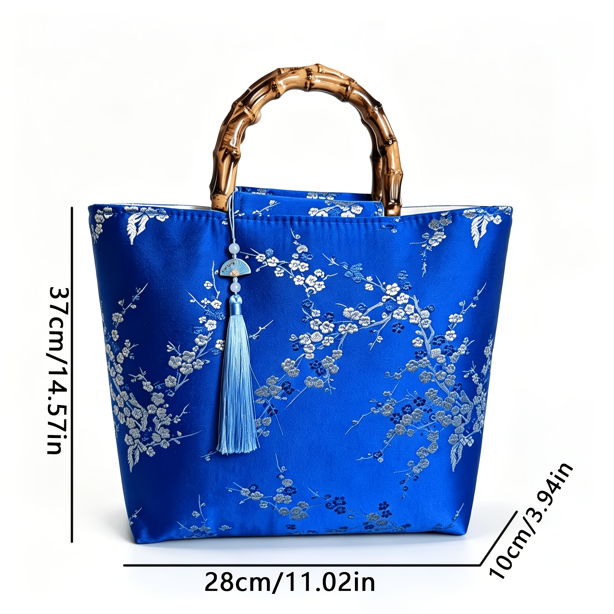 TEMU A New Chinese-style Women's Tote Bag, Bamboo-handle Tassel Handbag, Royal Blue Jacquard Small Bag With Top Handle, Elegant Crossbody Handbag,