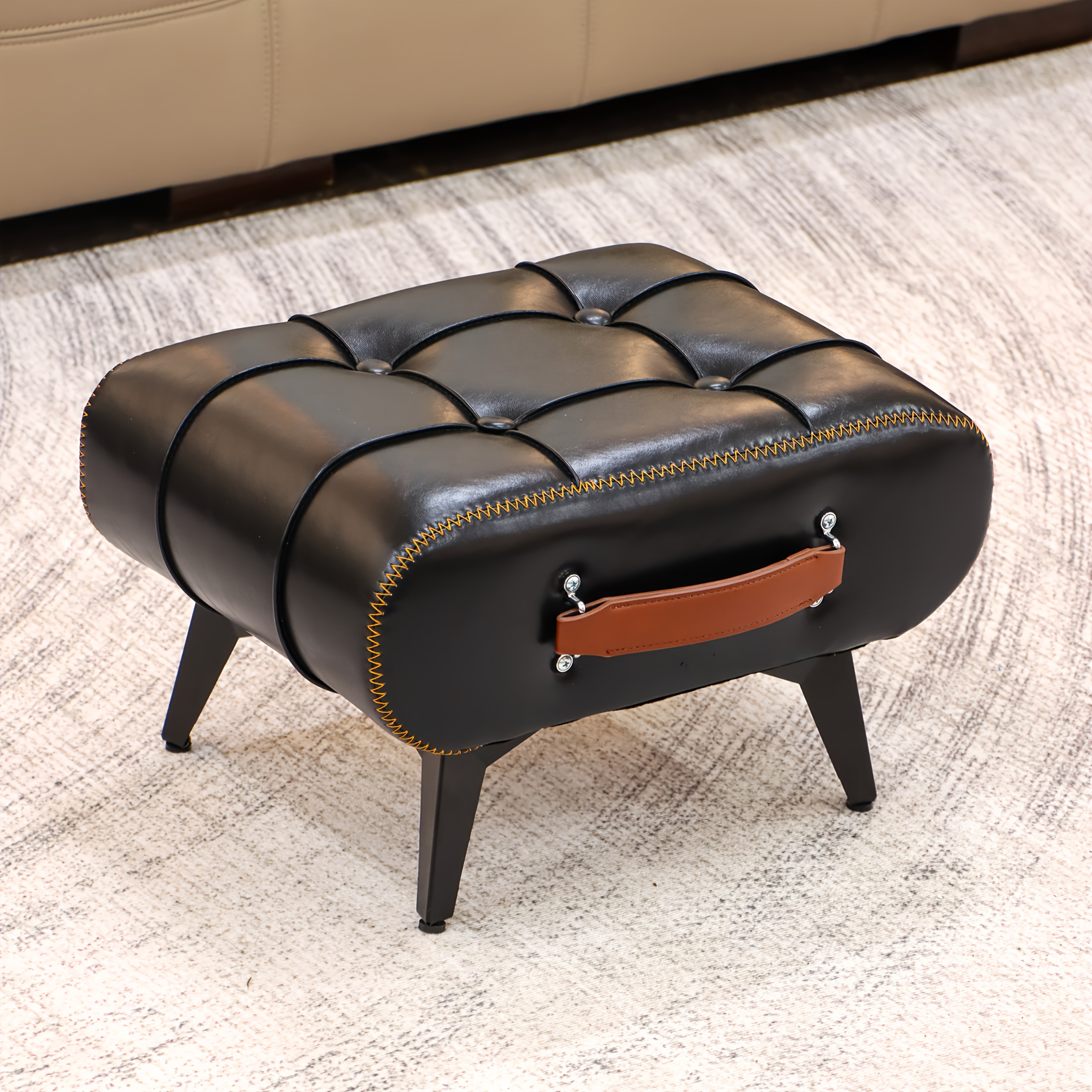 TEMU 1pc Stylish & Versatile High Quality Oil Wax Leather Low Stools, Footstools, Leather Padded Footstools - For Sofa End, Shoe Changing Stools For