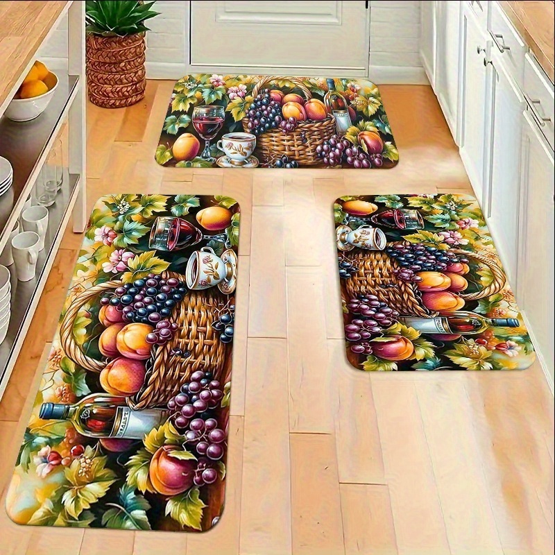 1/2/3pcs Fruit Red Wine Kitchen Carpet Set, Home Decorative Carpet, Flannel Material Dry Non-slip Soft Comfortable Easy To Clean, Suitable For Bathroom Door Mat Bedroom Living Room Porch Laundry