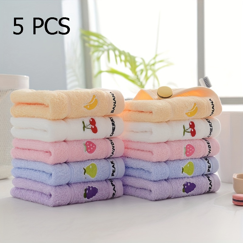 

5pcs Soft Cotton Embroidered Fingertip Towels, Fruit Pattern, Modern Style, 9.84 X 17.72 Inches, Absorbent & Plush