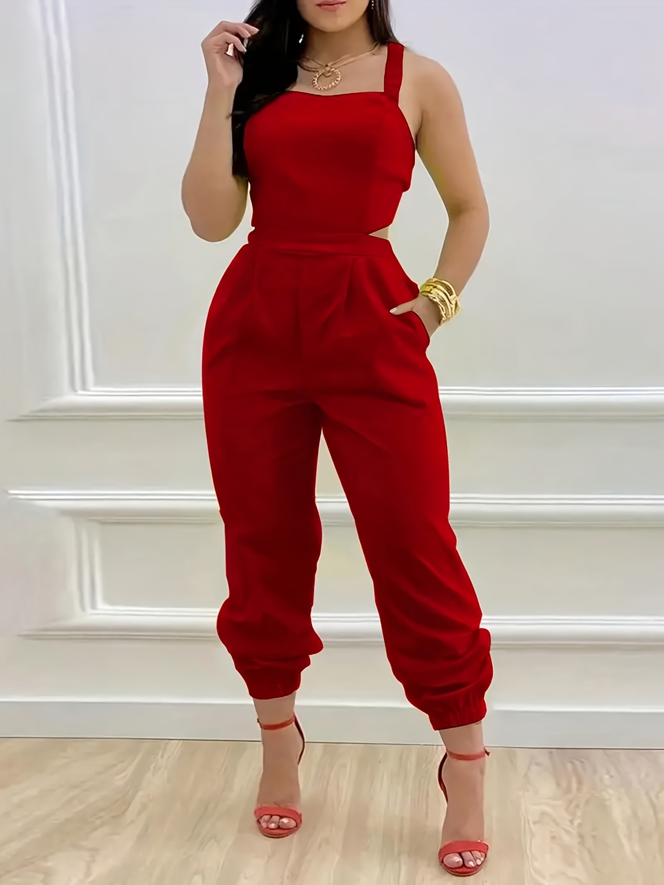 Women'S Elegant Red Jumpsuit with Backless Design, Square Neck, Wide-Leg  Pants, and Strappy Heels Versatile Outfit, Stylish Access